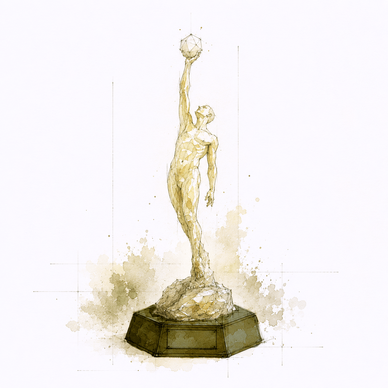 A golden sculpture of a human figure reaching upward with one arm, holding a geometric sphere, set on a black octagonal base with abstract watercolor splashes in the background.