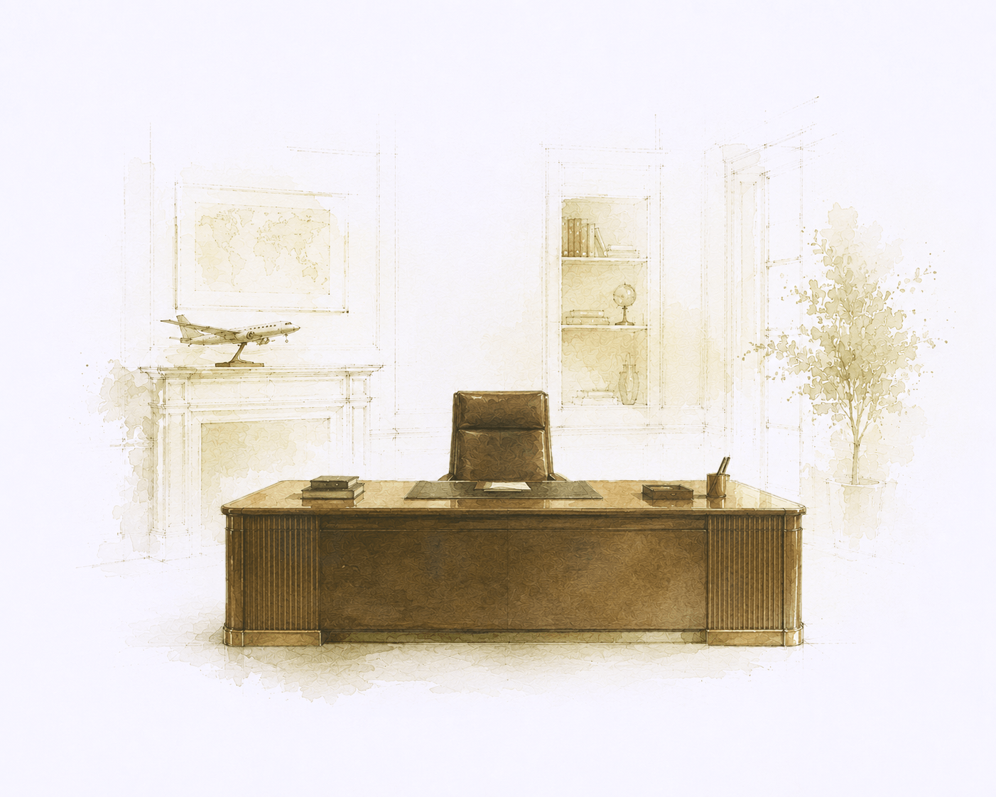 An office with a large wooden desk, a leather chair, books, a model airplane, a globe, and a potted plant, with faint sketches of shelves and a world map on the wall.