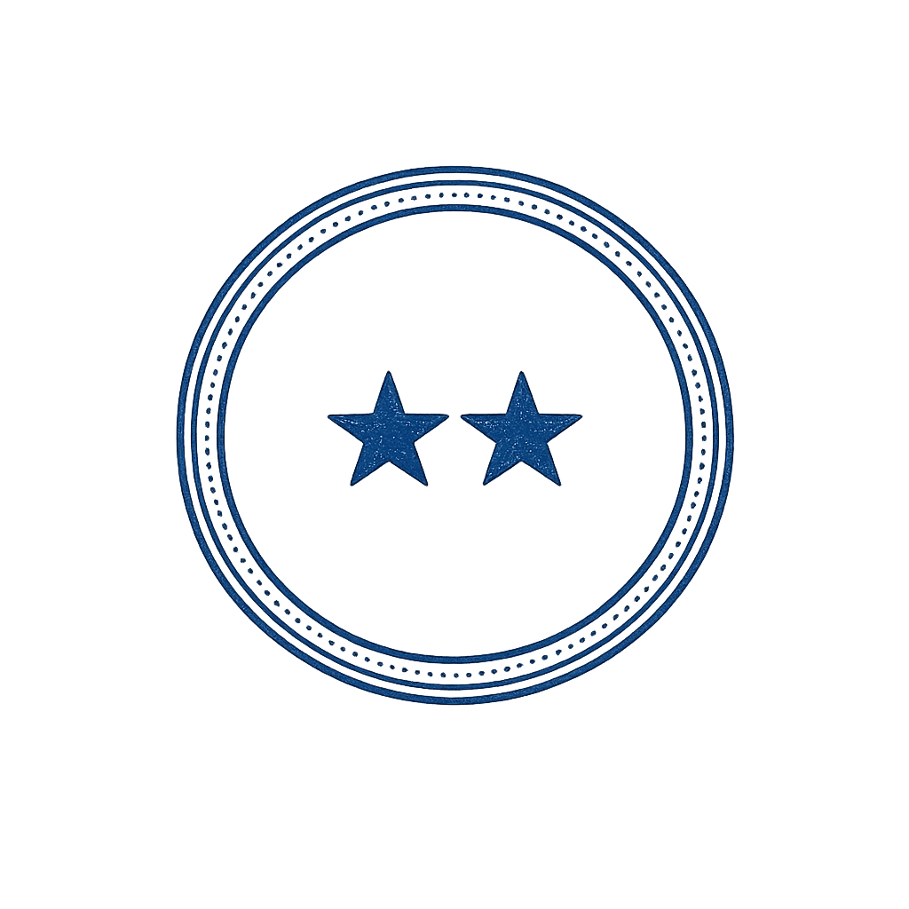Blue circular badge with two stars in the center.