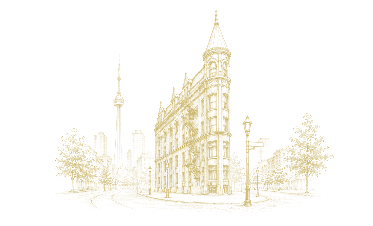A stylized illustration of a historic building with a tall, pointed tower, surrounded by trees and modern skyscrapers in the background, depicted in a gold monochrome color scheme.