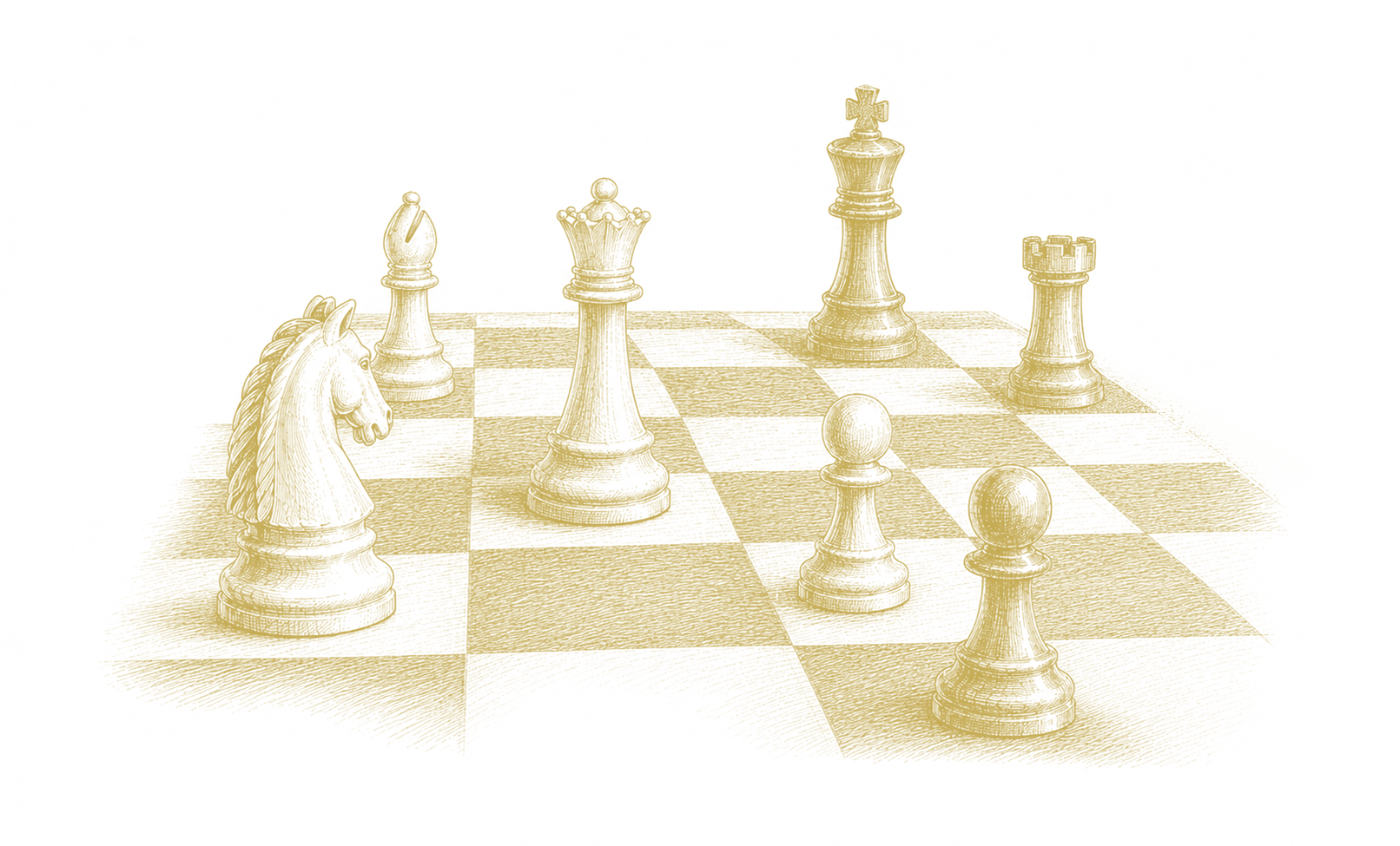 A chessboard with several chess pieces arranged on it, including pawns, bishops, rooks, a king, and a queen, with a dark background.
