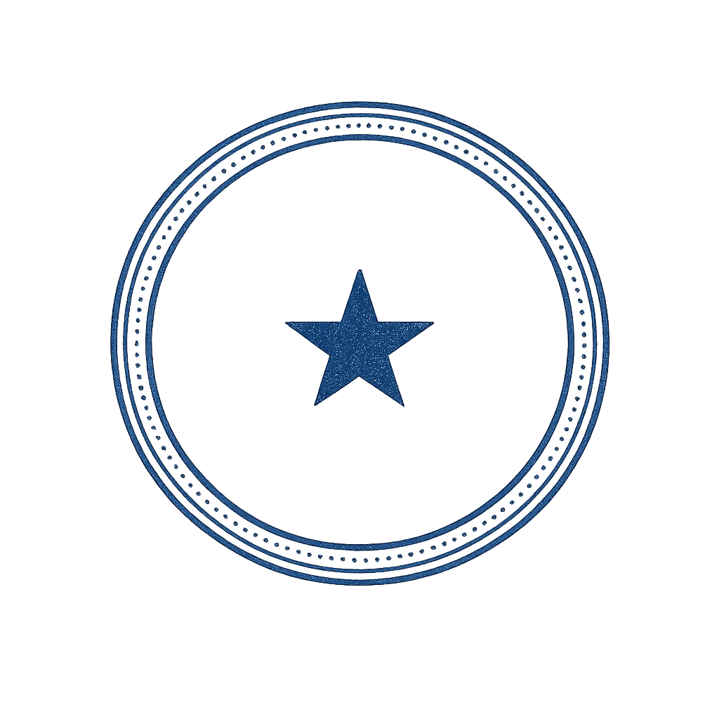 Blue star inside a circular border with dotted details.