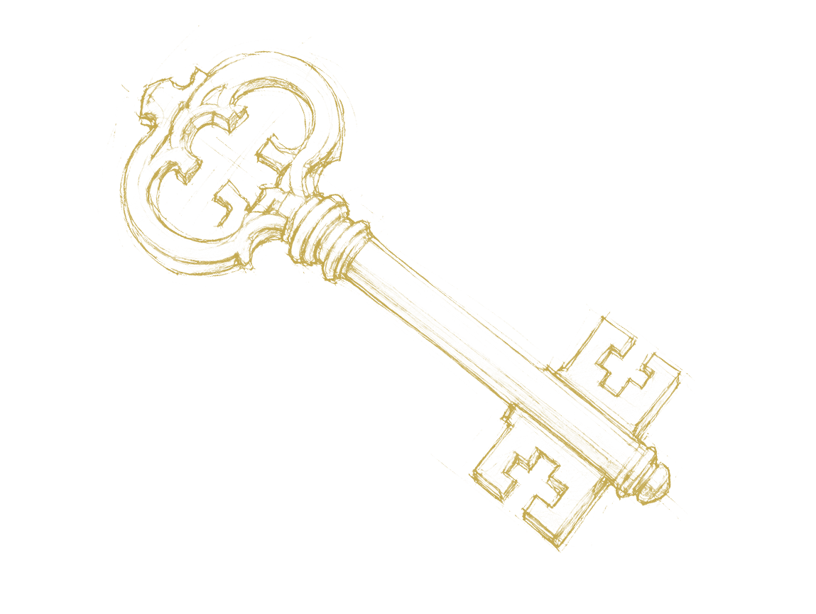 A gold-colored vintage key with ornate details against a black background.