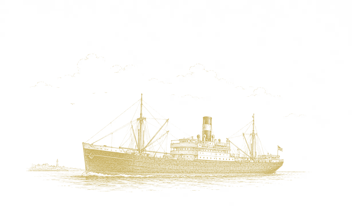 A detailed line drawing of a ship with multiple masts and smoke coming from the smokestack, sailing on water with a cloudy sky above.