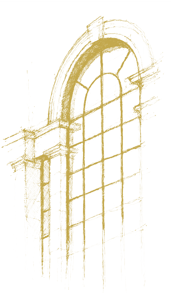 Sketch of a large arched window with multiple panes, drawn in gold on a black background.