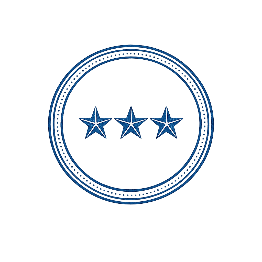 Blue circular badge with three blue stars in the center.