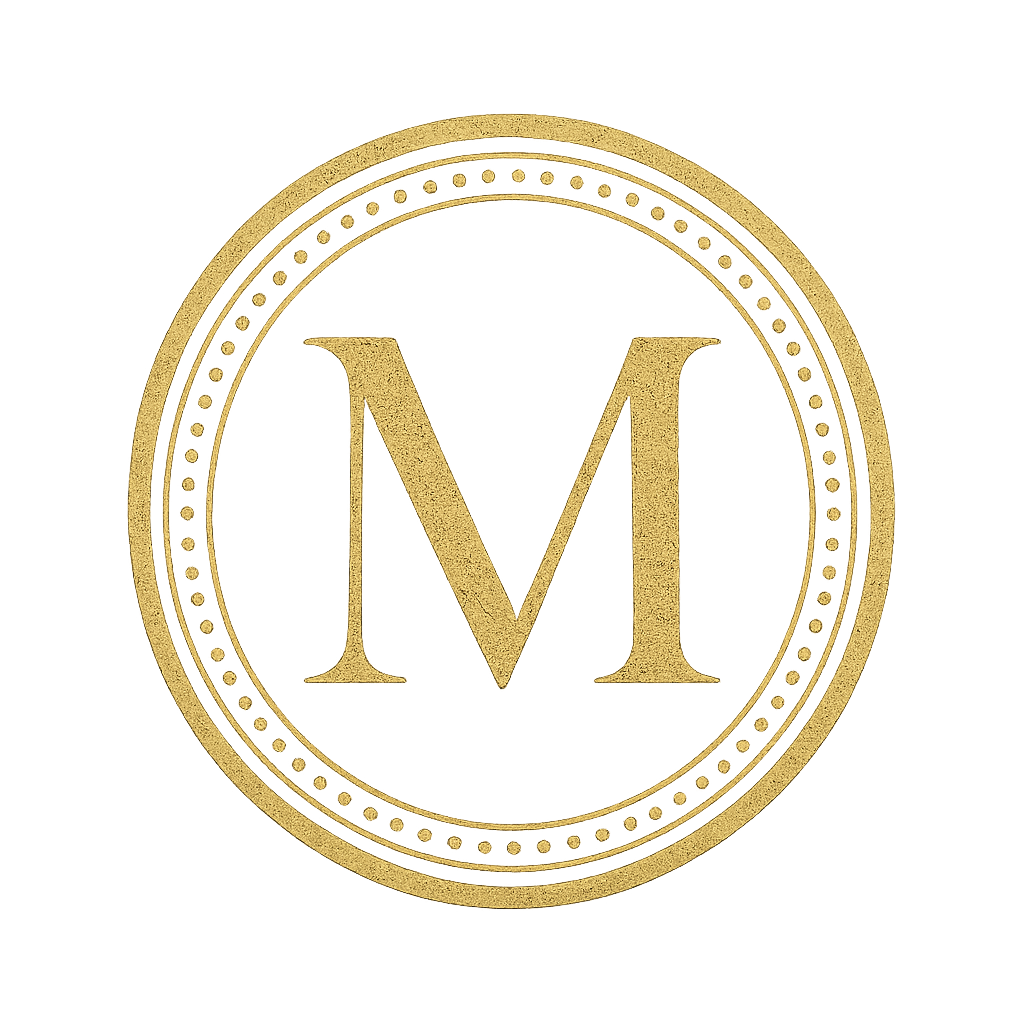 Gold emblem with the letter 'M' in the center, surrounded by a dotted circular border on a black background.