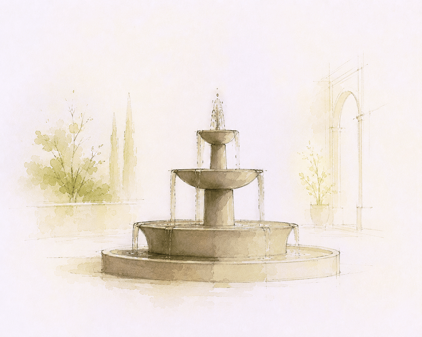 A watercolor illustration of a three-tiered fountain with water flowing from the top tier down to the large basin at the bottom, set against a light background with trees and plants.