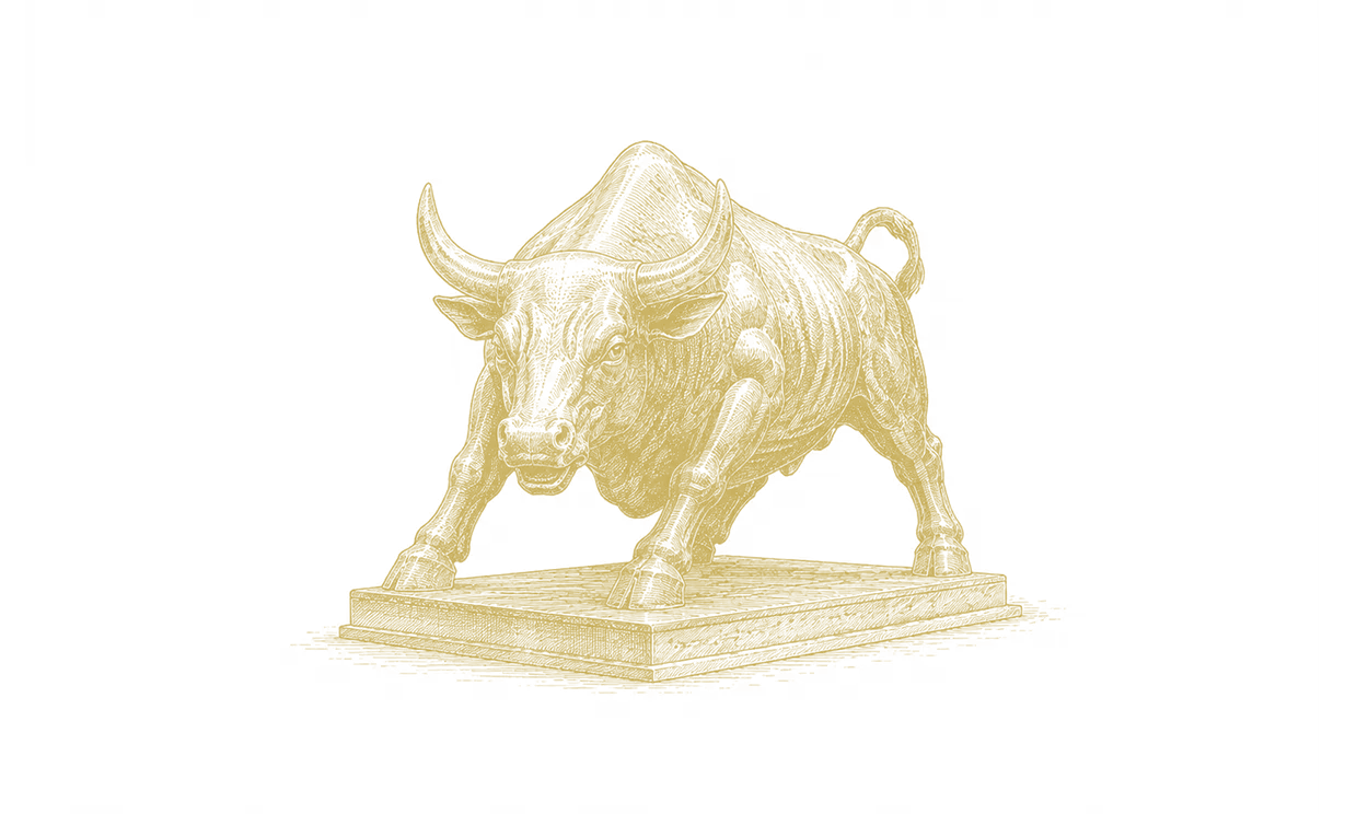 Gold-colored sculpture of a bison on a rectangular base.