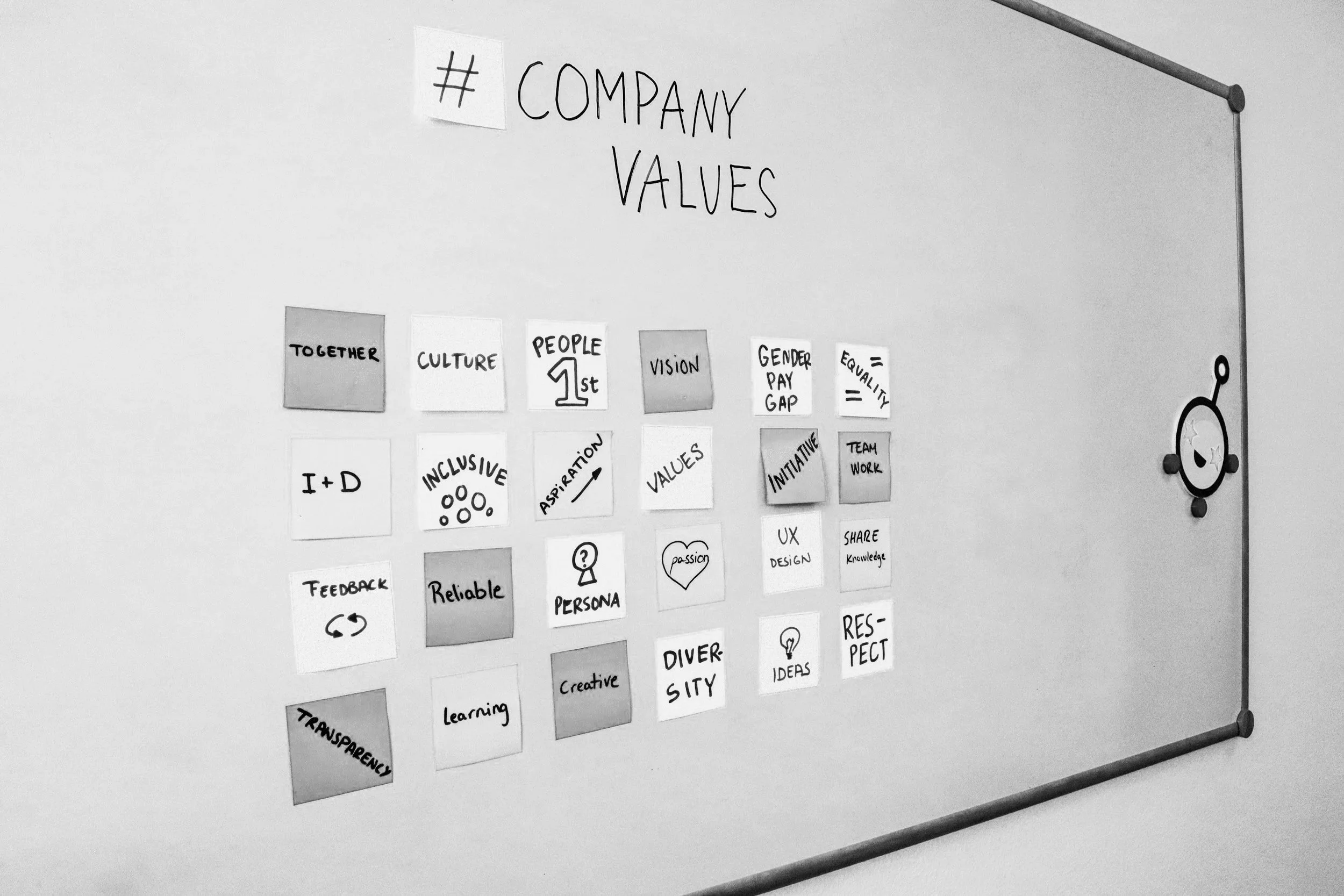 A whiteboard with various papers attached, containing handwritten words and phrases such as '# COMPANY VALUES', 'TOGETHER', 'CULTURE', 'PEOPLE', '1st', 'VISION', 'GENDER PAY GAP', 'EQUALITY', 'INCLUSIVE', 'ASPIRATION', 'VALUES', 'INITIATIVES', 'TEAM WORK', 'FEEDBACK', 'RELIABLE', 'PERSONA', 'UX DESIGN', 'SHARE', 'KNOWLEDGE', 'CREATIVE', 'DIVER', 'SITY', 'IDEAS', 'RESPECT', 'TRANSPARENCY', 'LEARNING', and 'PASSION'. A magnet or clip on the side holds a cartoon smiley face magnet.