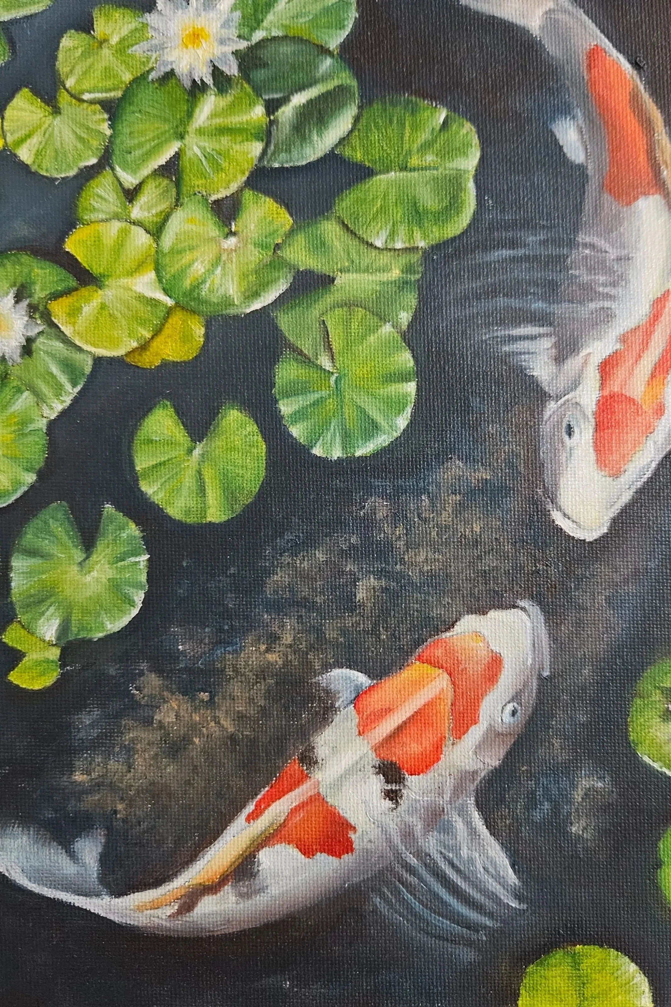 Painting of several koi fish swimming among water lilies and lily pads in a pond.