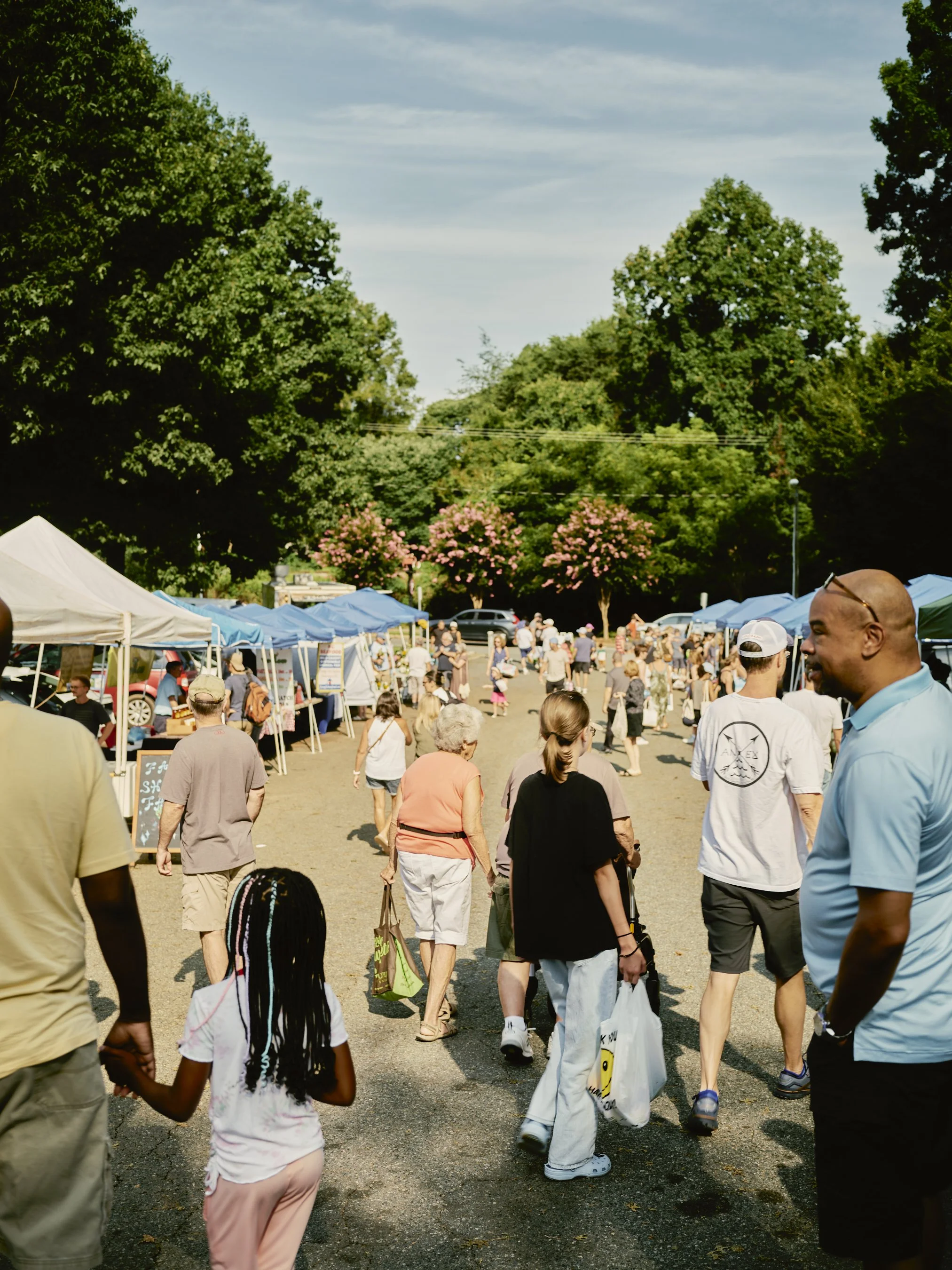 A busy outdoor market with numerous people walking among tents and booths, set against a backdrop of green trees and a partly cloudy sky.