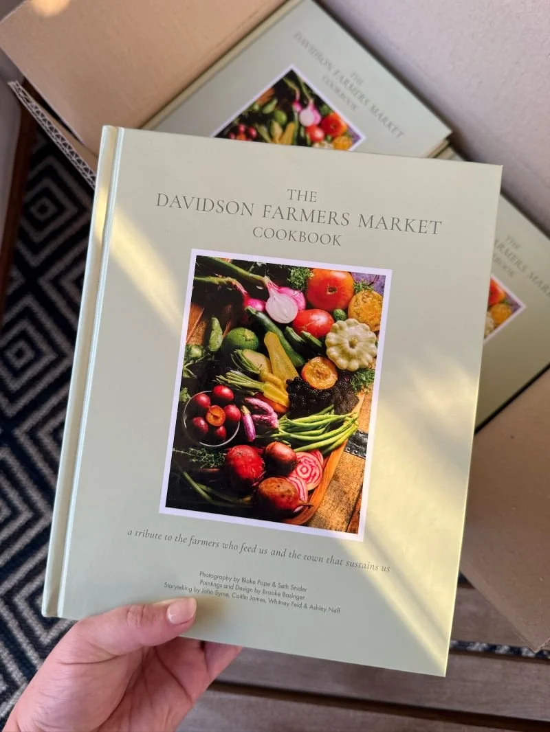 A hand holding the cookbook titled 'The Davidson Farmers Market Cookbook' with a cover photo of fresh vegetables and fruits like radishes, zucchini, beets, pumpkins, and apples. There are additional copies of the cookbook visible in the background.