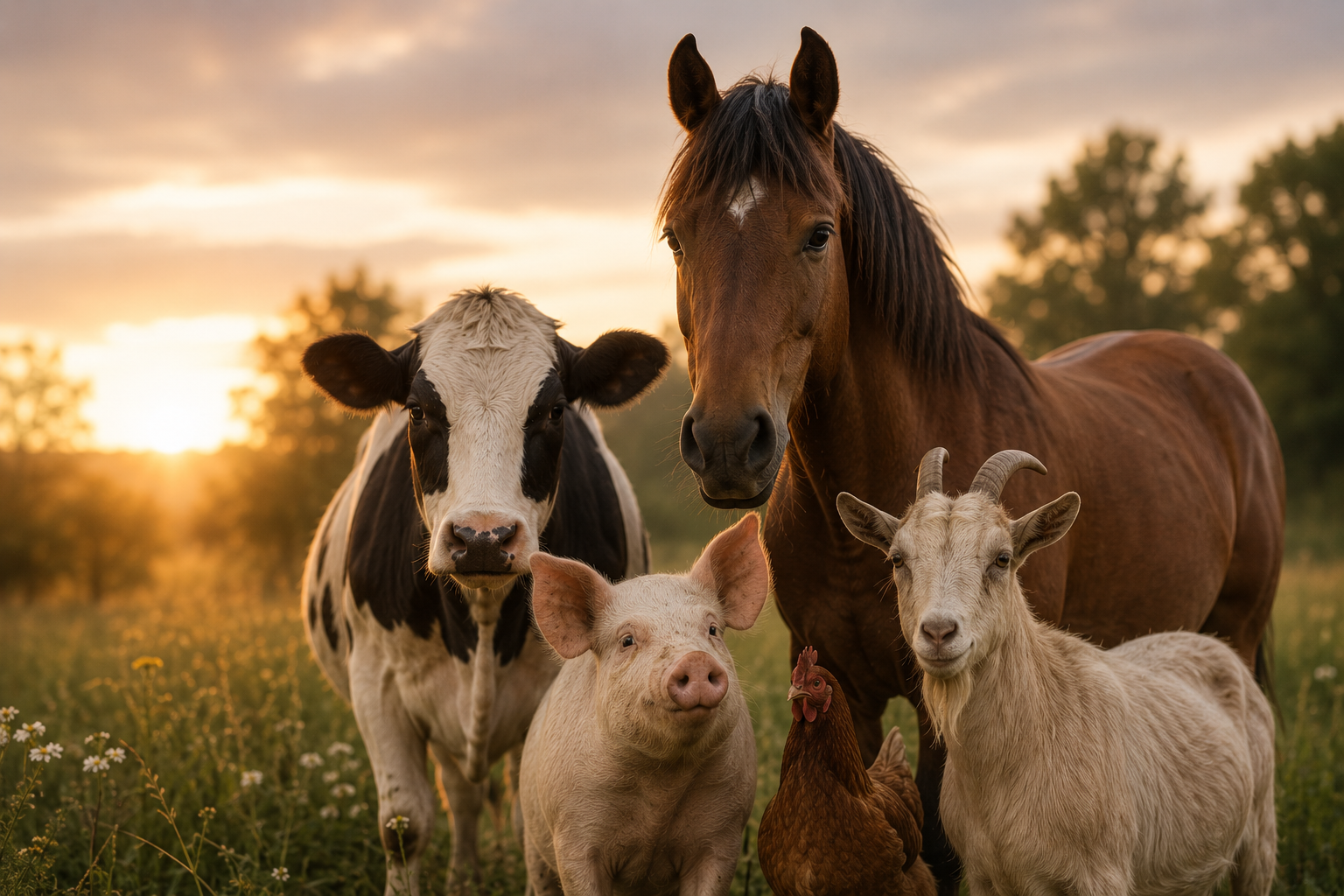 A cow, pig, chicken, goat and horse together in a field of wildflowers and a beautiful sunset. Peaceful, happy and safe.