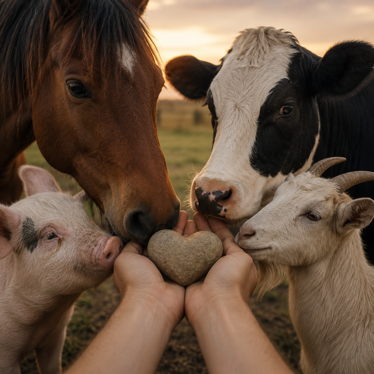 A horse, pig, cow, and goat nuzzle in to a human holding a heart shaped rock, peaceful, and happy.