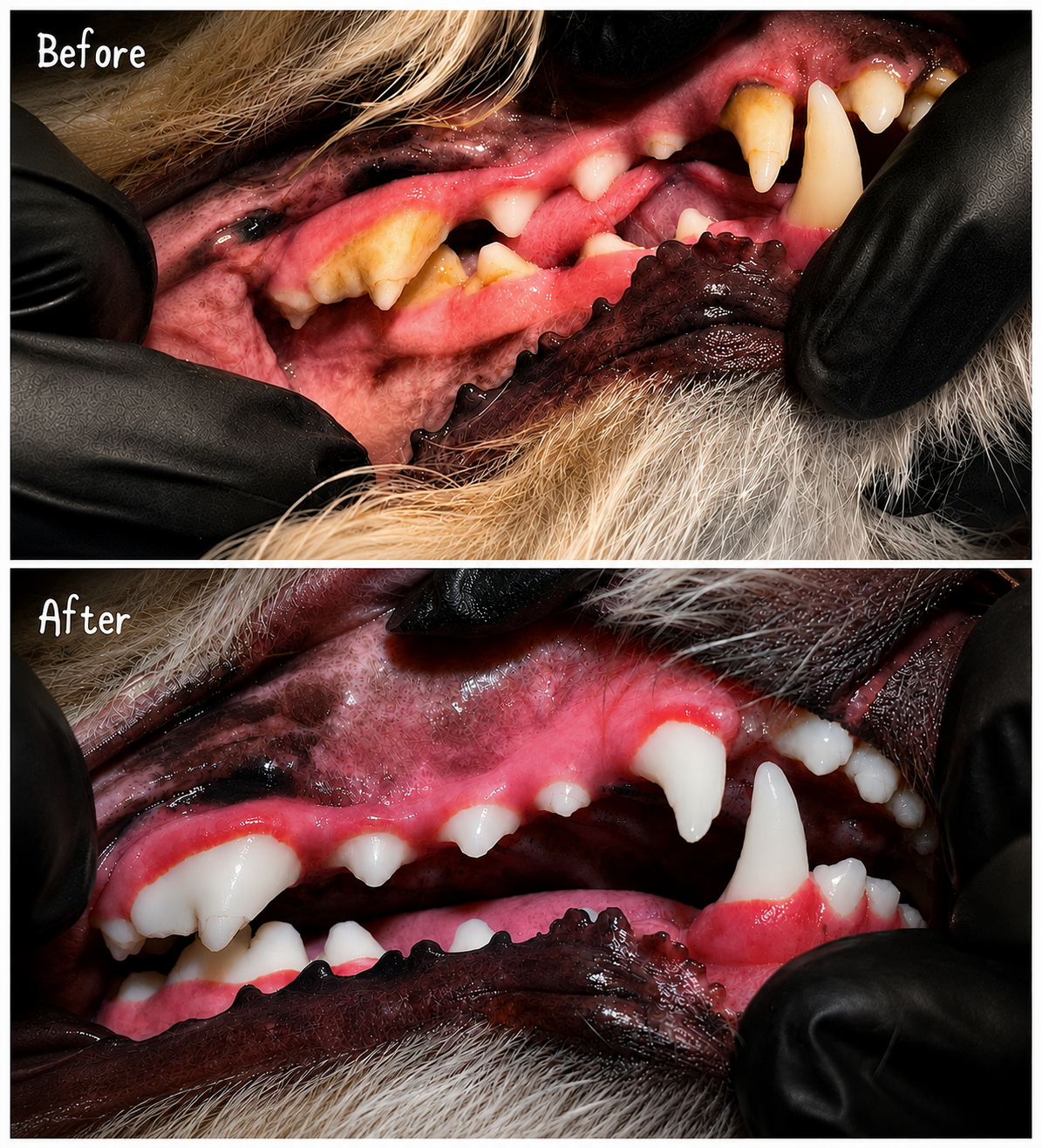 Close-up comparison of a dog's mouth before and after dental cleaning, showing significant removal of plaque and tartar from teeth.