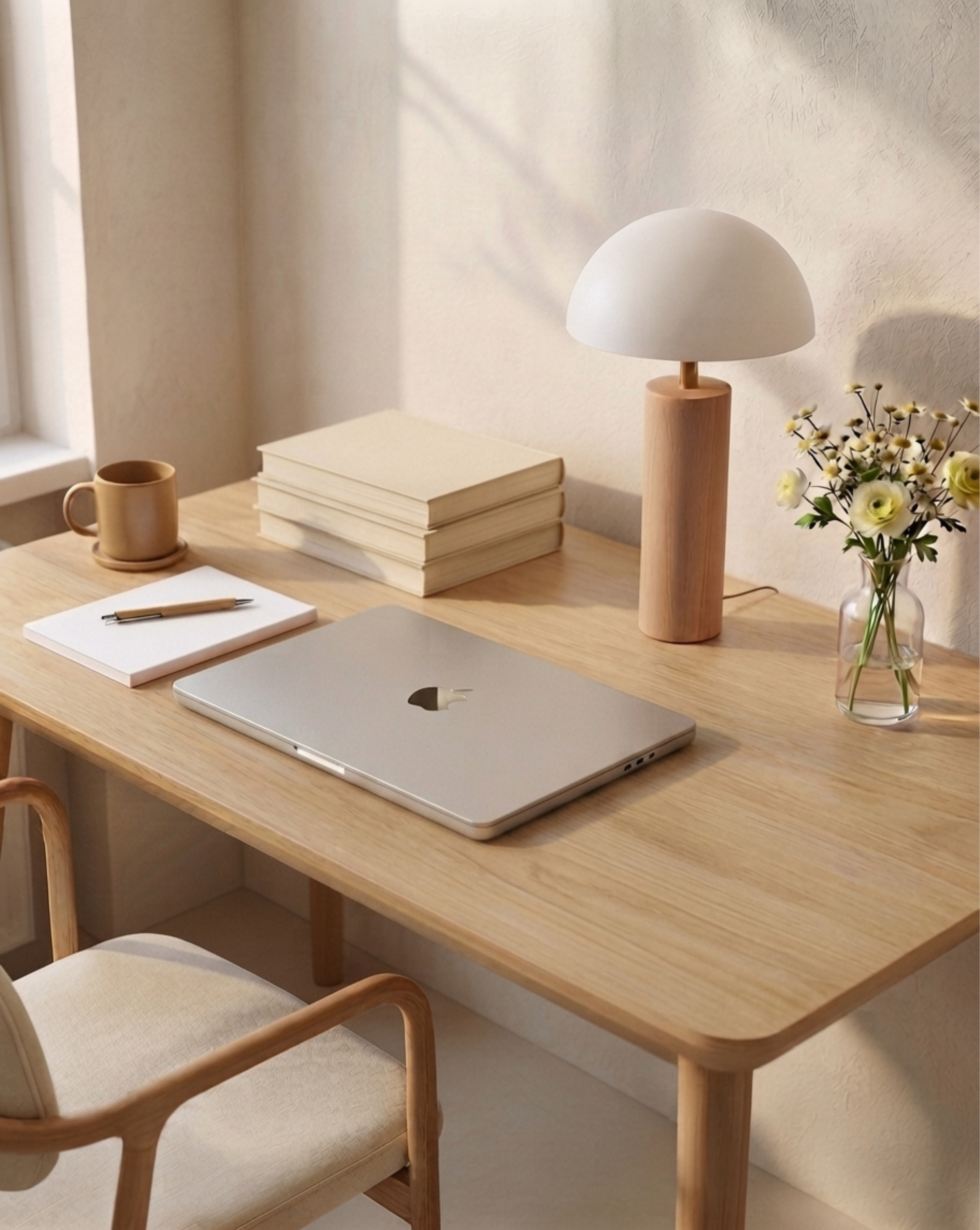 A wooden desk with a closed silver Apple MacBook, a white notebook with a pen, a beige cup, a stack of three closed books, a beige and white modern table lamp, and a small bouquet of yellow and white flowers in a glass vase near the lamp, in a well-lit room with cream-colored walls.