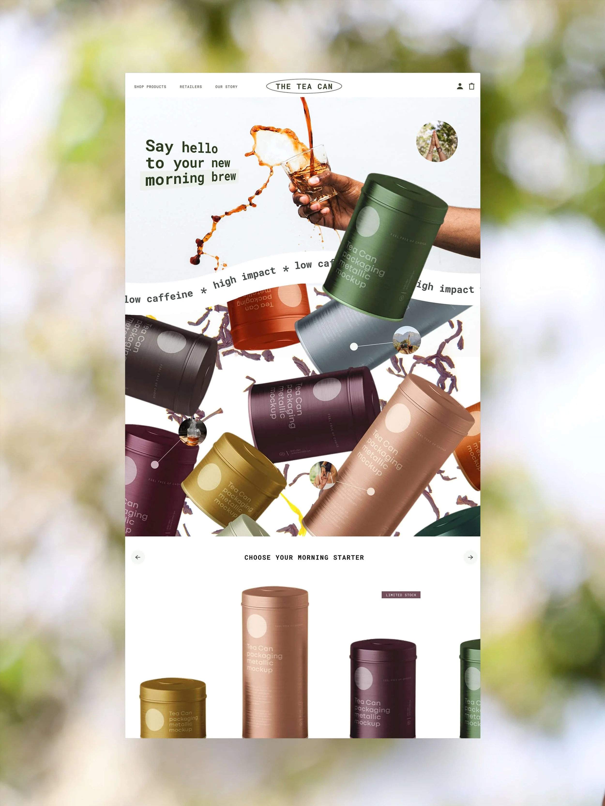 A digital mockup of a product webpage featuring colorful metallic tin cans with labels, floating and scattered in a dynamic display, set against a blurred outdoor background with leaves and sunlight, promoting tea can packaging.