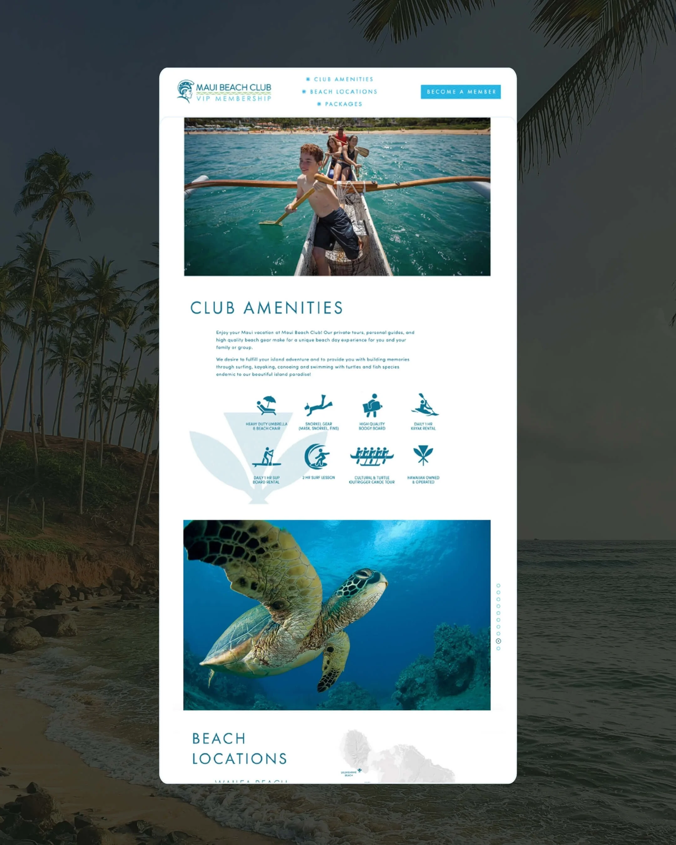 Webpage screenshot of Maui Beach Club featuring a large image of children canoeing on the water, surrounded by palm trees, with text about club amenities, beach locations, and packages.