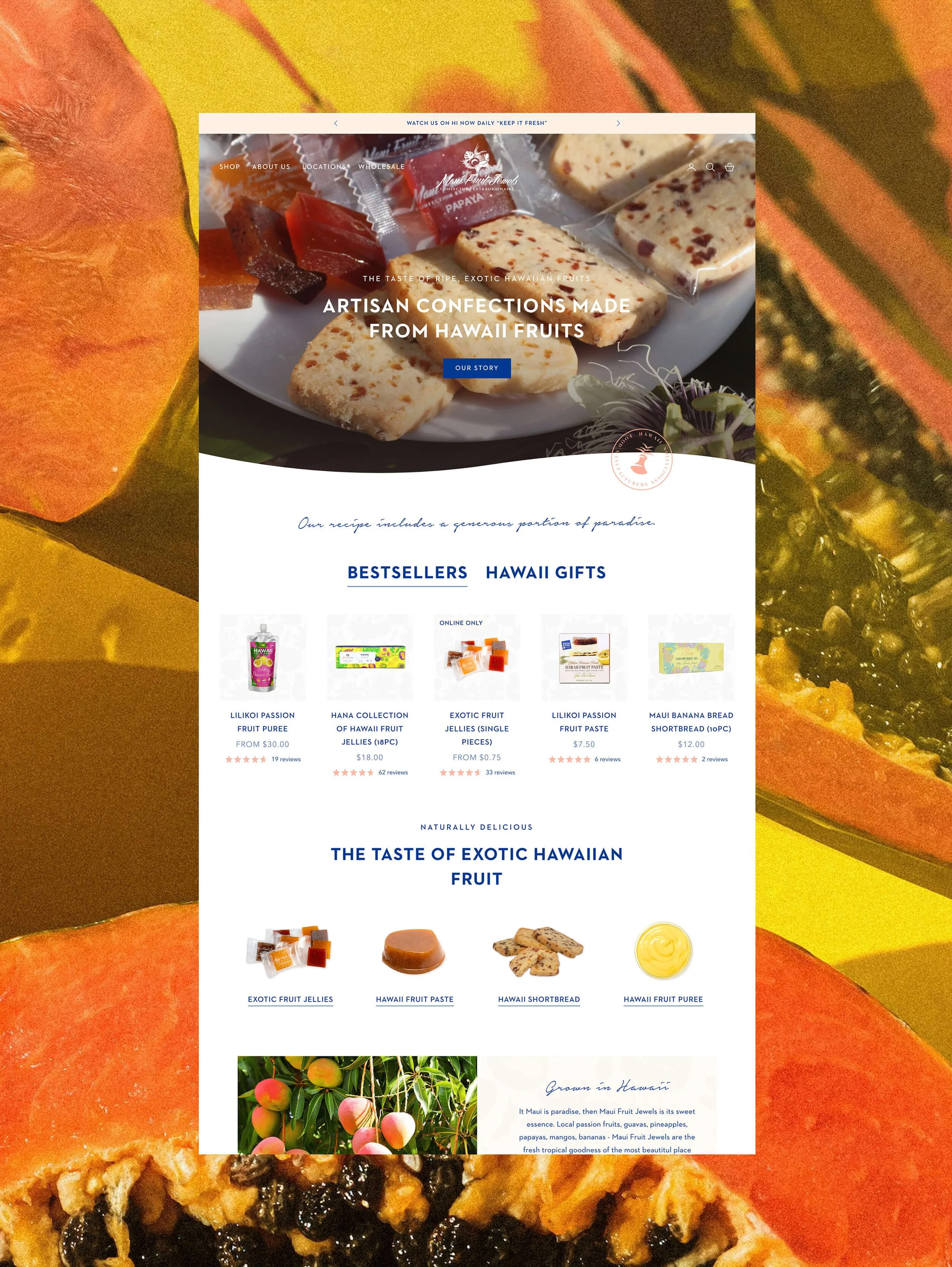 Website for Hawaii Fruit Jewels featuring Hawaiian fruit confections, including various fruit jellies, fruit paste, shortbread, and purees, with images of fruit and desserts.