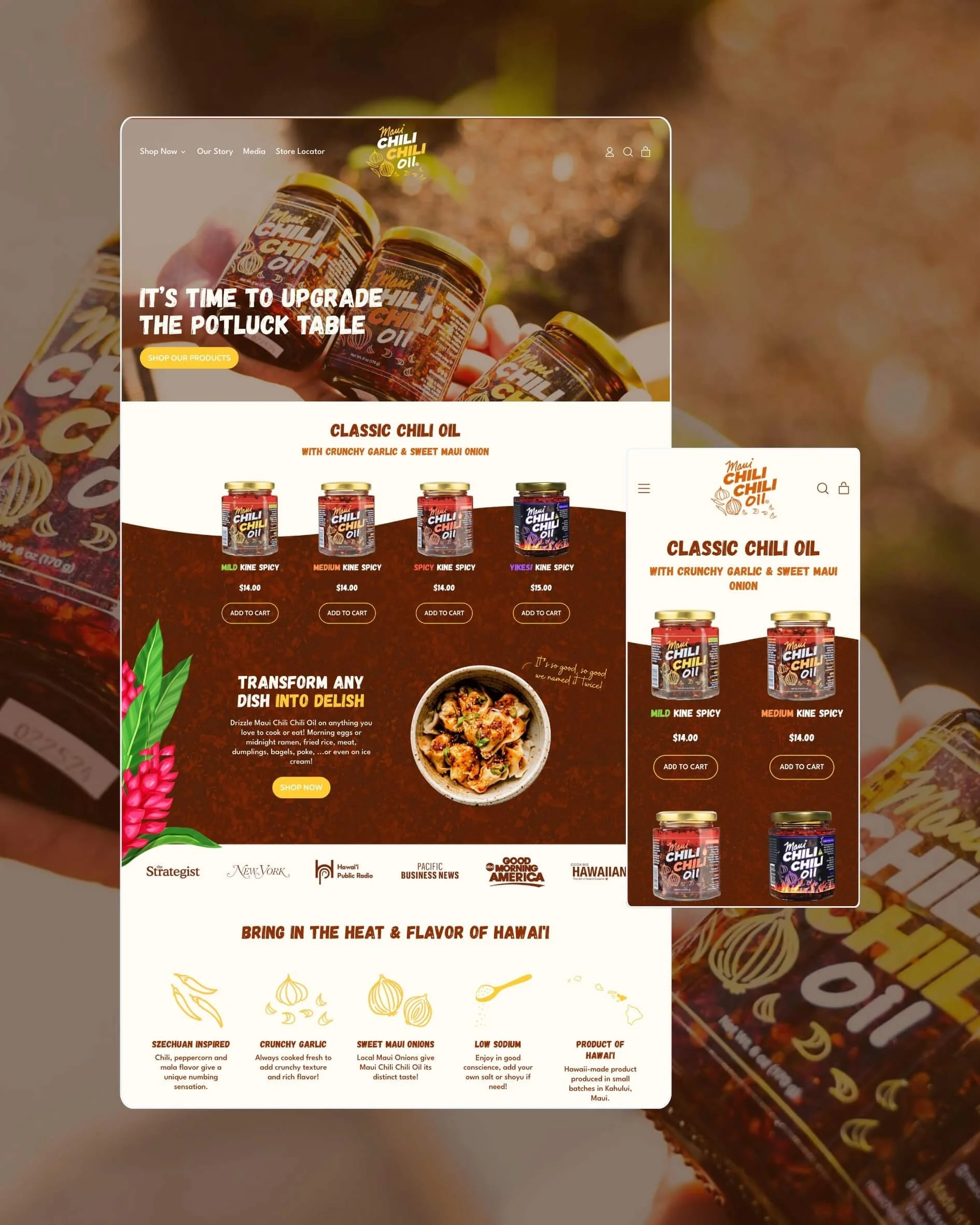 A website showing Maui Chili Oil products with a background image of someone holding jars of chili oil. The website features categories for chili oil flavors, a section on how to use the product, and mentions ingredients inspired by Hawaii, such as garlic, Maui onions, and a low sodium option.