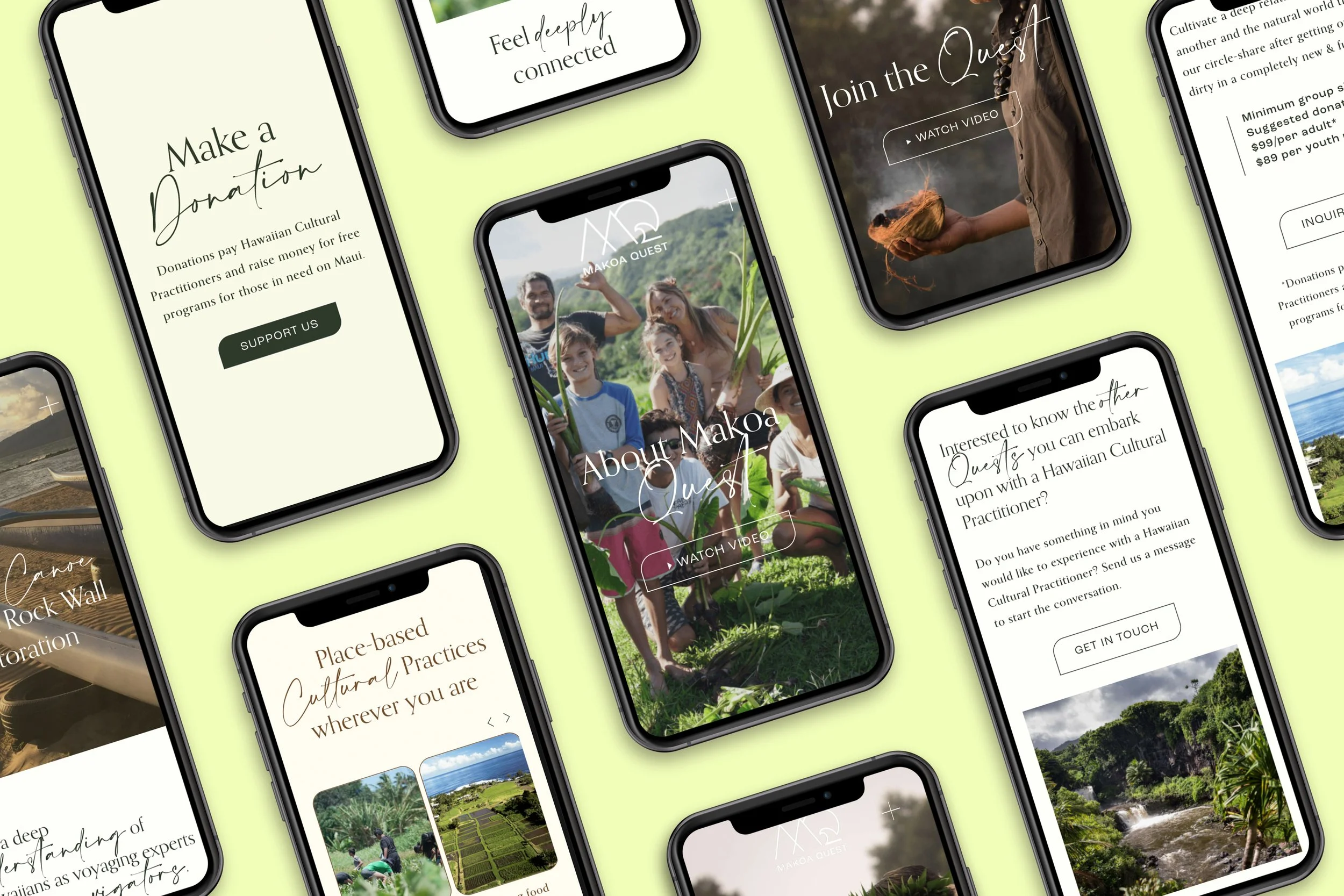 Arrangement of smartphones displaying various travel and cultural program websites with images of people, landscapes, and activities on a light green background.