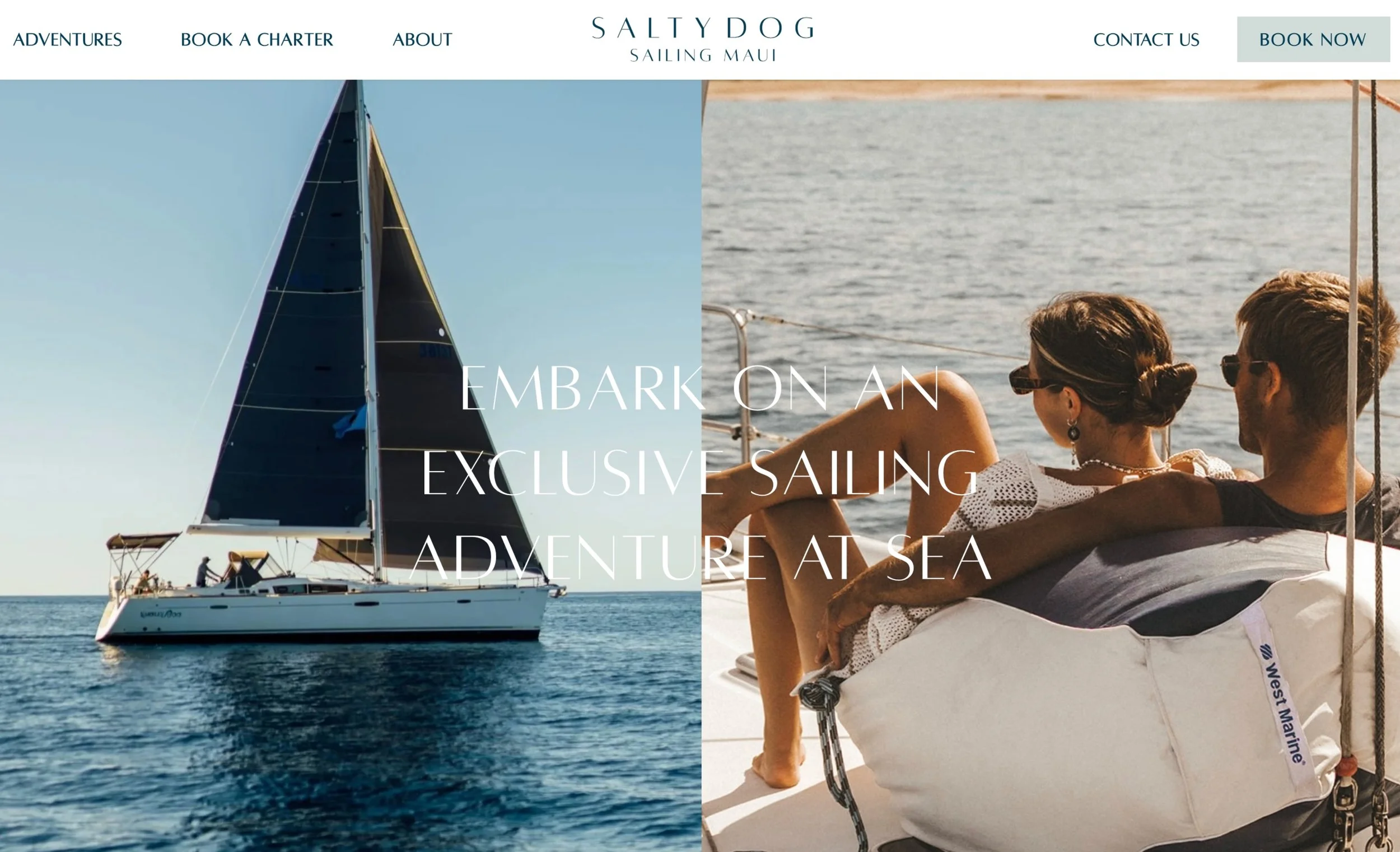 A split image of a sailing yacht on the water on the left and a couple relaxing on a boat on the right. The webpage header mentions 'Salty Dog Sailing Maui' with navigation options and a booking button.