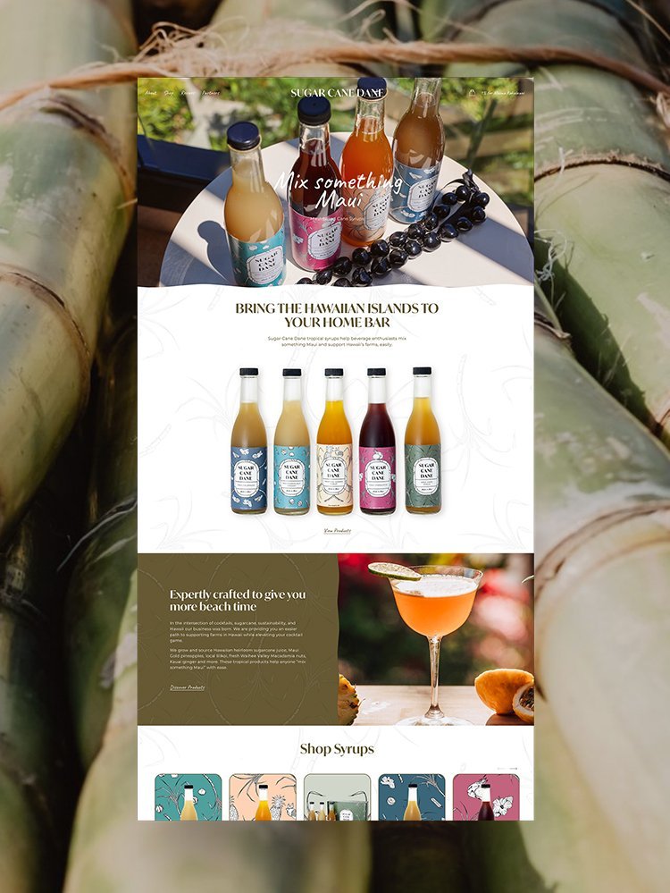 A website homepage for Sugar Cane Dane featuring Hawaiian-themed beverages and syrups, with bottles of flavored syrup and a cocktail on display.