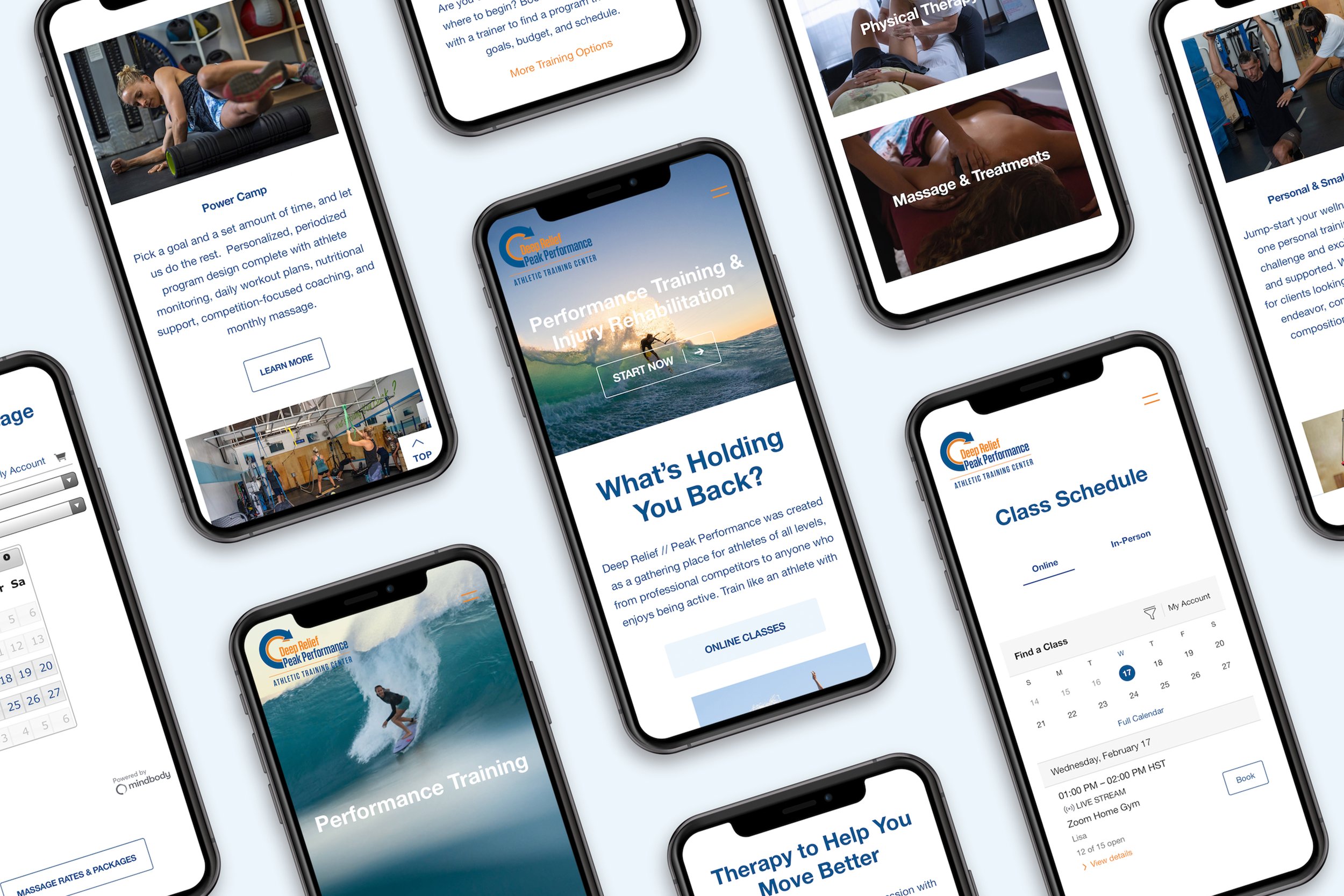 Screenshots of a website and mobile app for Deep Relief Peak Performance Athletic Training Center, showing fitness classes, rehabilitation programs, massage treatments, and online scheduling.