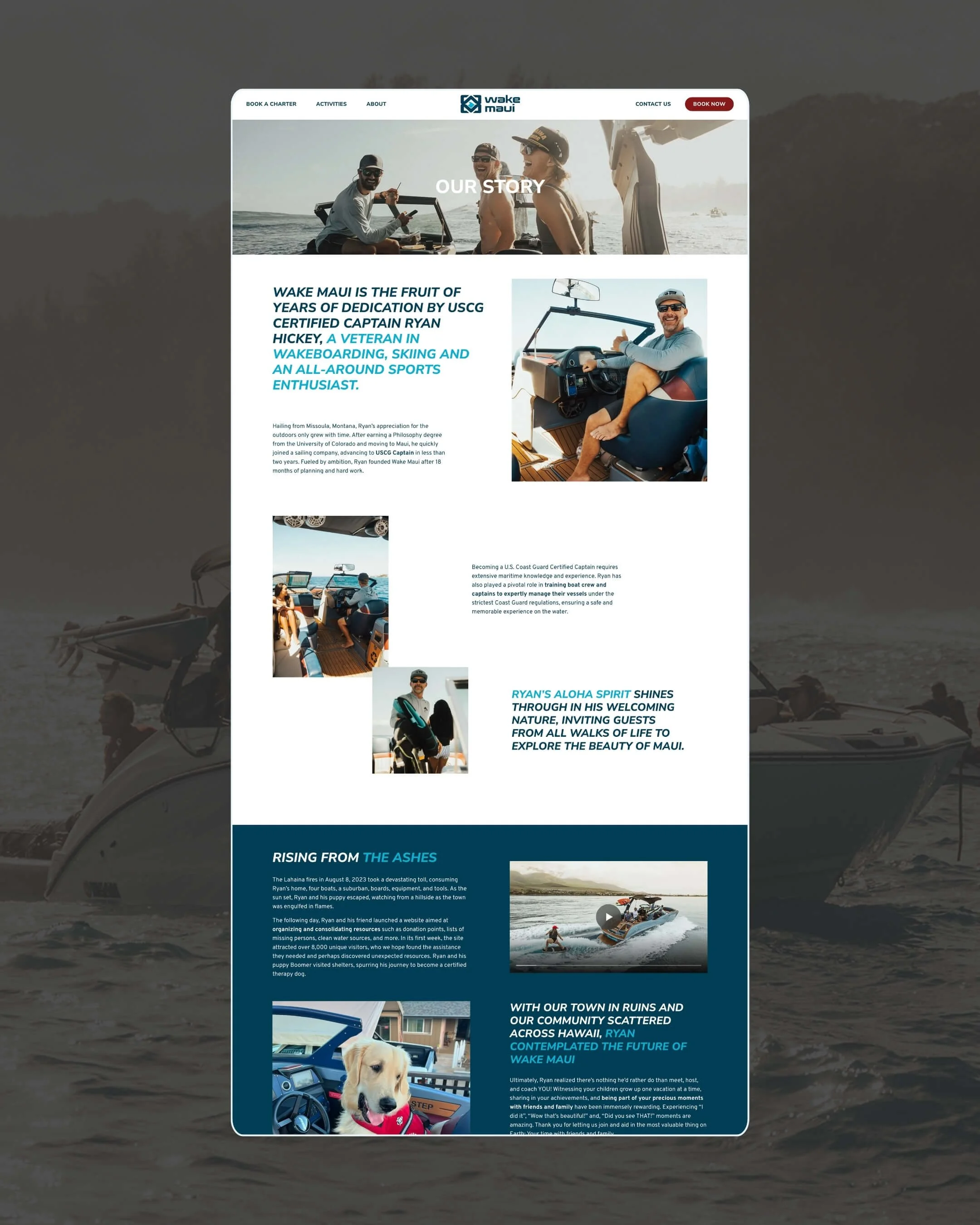 Homepage for Wake Maui with images of people boating, a dog, and text about the organization and its work, including sections on their story, activities, and history.