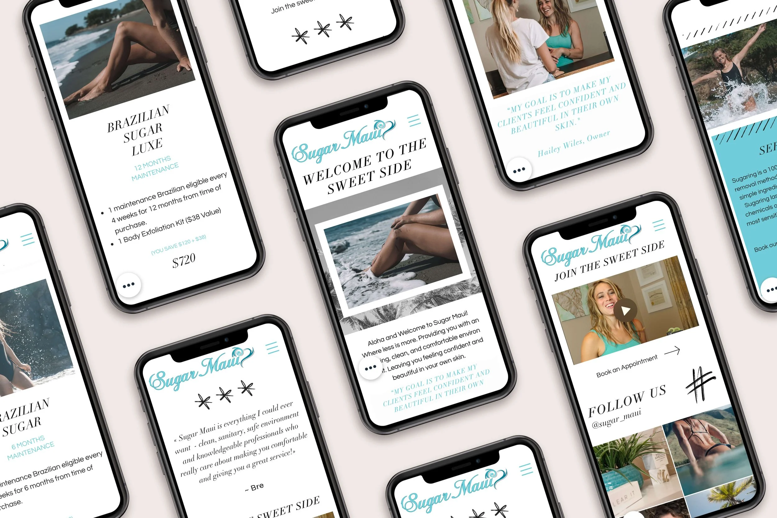Multiple smartphones displaying the Sugar Maui website, which features images of women at the beach and smiling, along with text about services and customer testimonials.