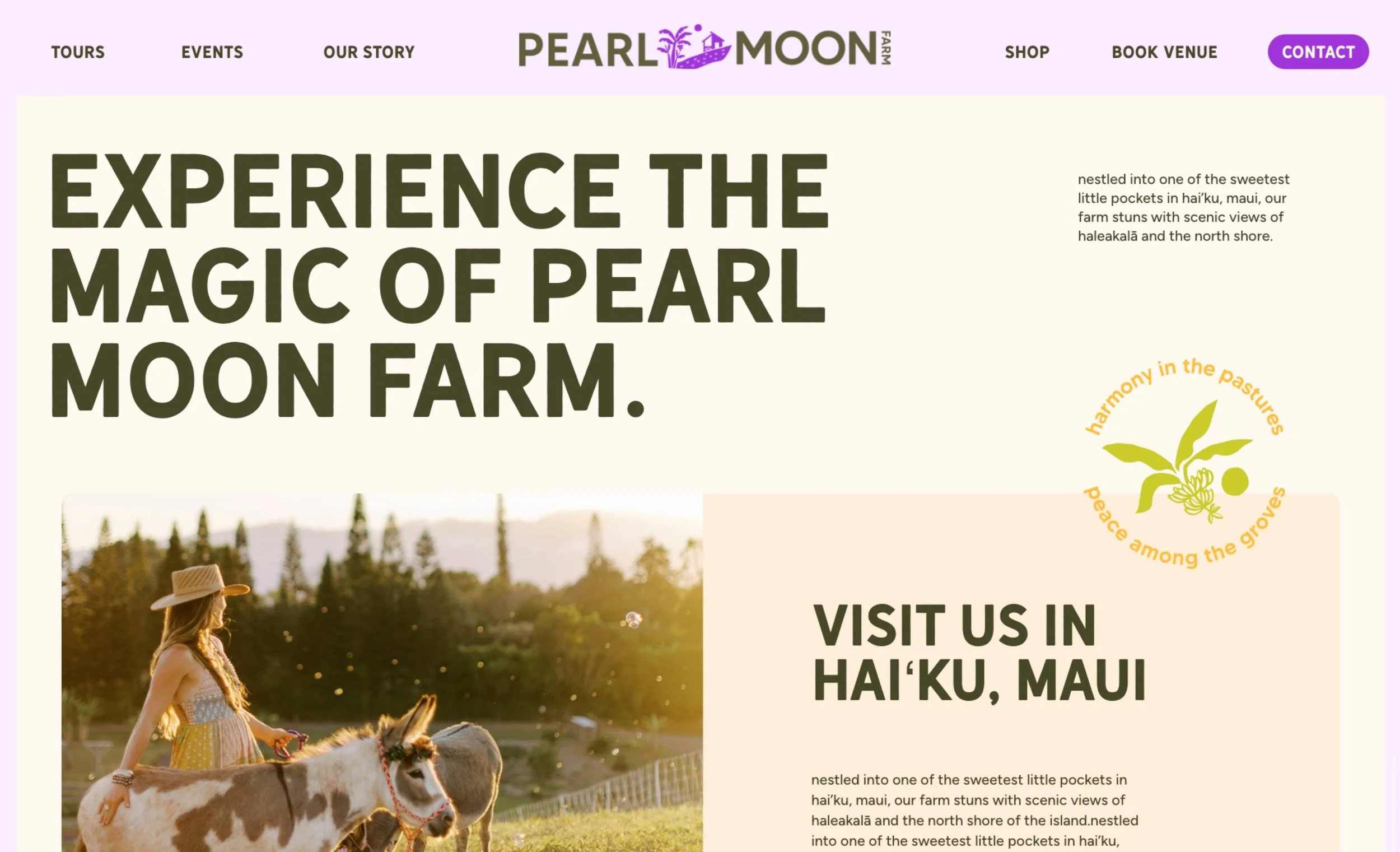 A thumbnail of a website homepage for Pearl Moon Farm featuring a woman riding a horse with cows in a pastoral setting at sunset.
