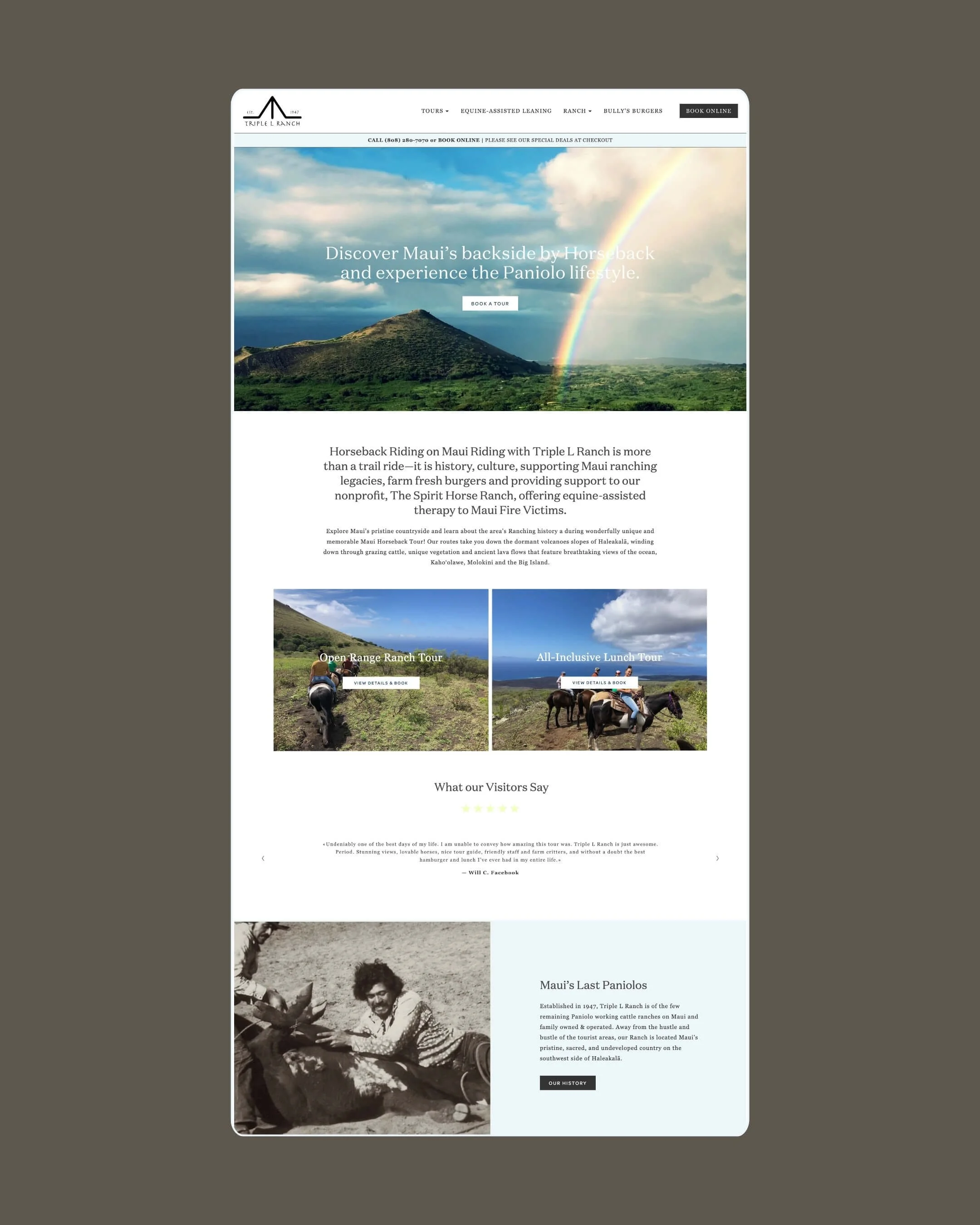 Screenshot of a website homepage for Triple L Ranch, featuring a large banner image of a rainbow over green hills and a cloudy sky, with introductory text about horseback riding tours on Maui, including sections for tour options and visitor testimonials.