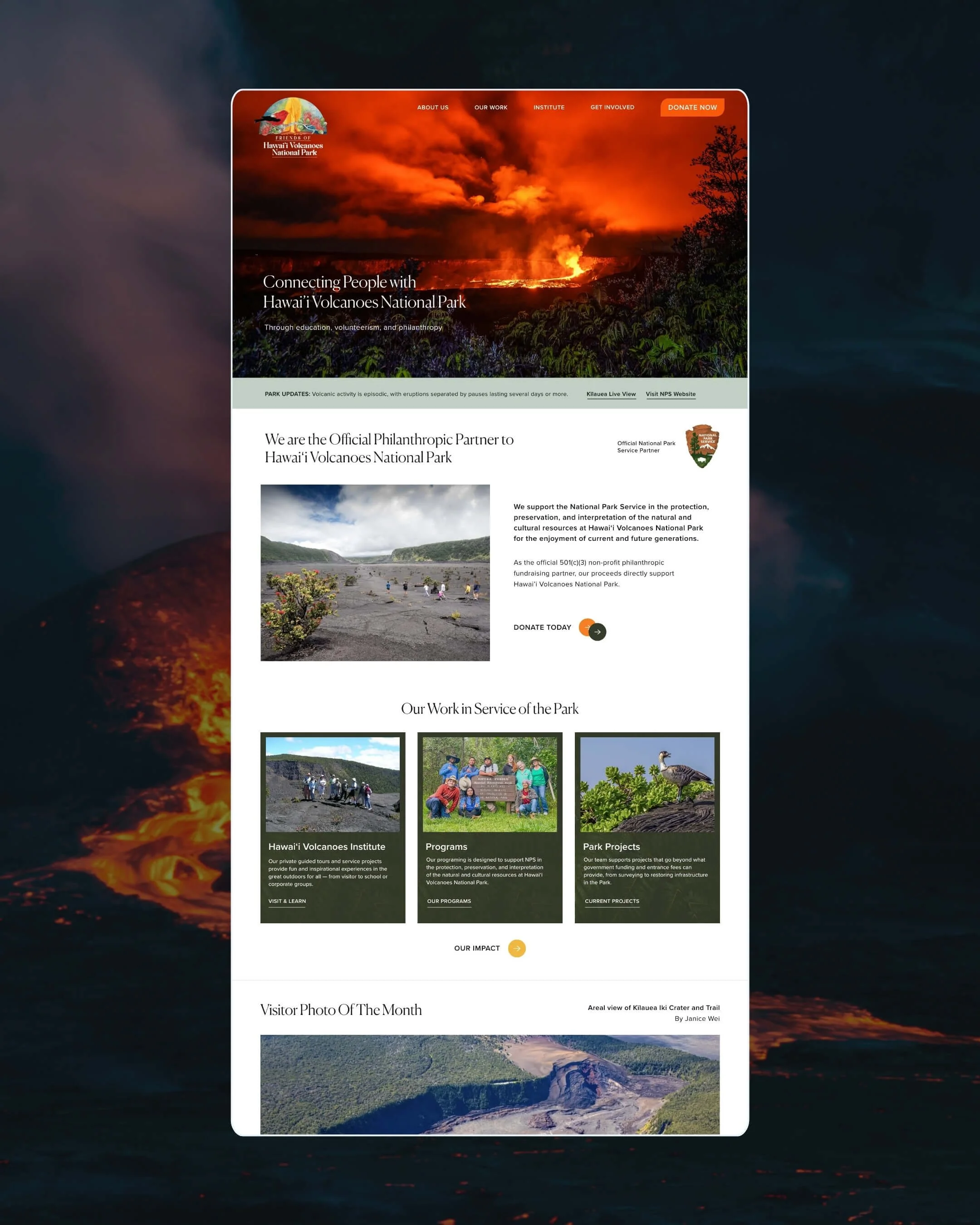 Website homepage for Friends Of Hawai'i Volcanoes National Park, showing an erupting volcano with lava and smoke, the park's logo, and navigation menu with options like About Us, Our Work, Institute, Get Involved, and Donate Now.