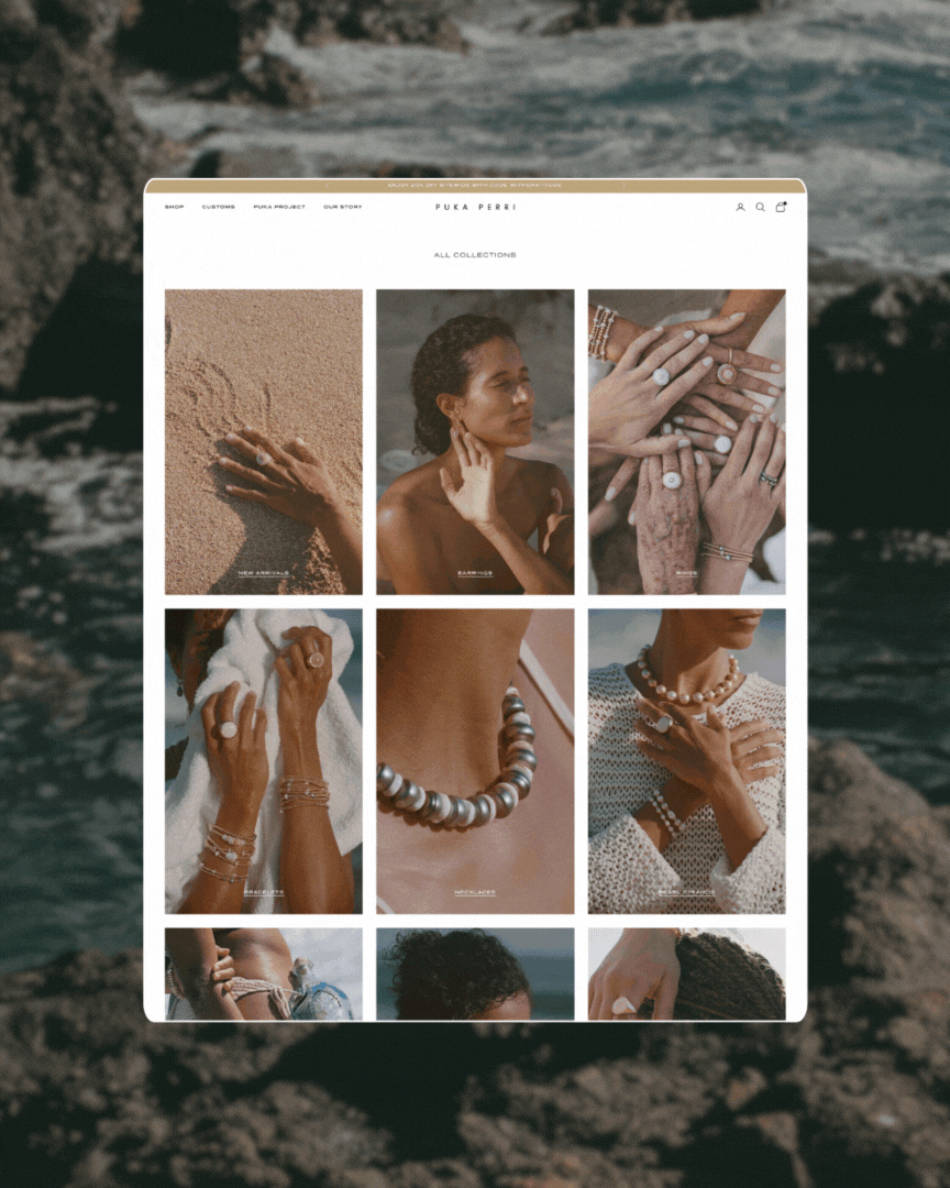Online jewelry store website featuring various jewelry pieces, including rings, necklaces, and bracelets, modeled on women and displayed in a grid layout.