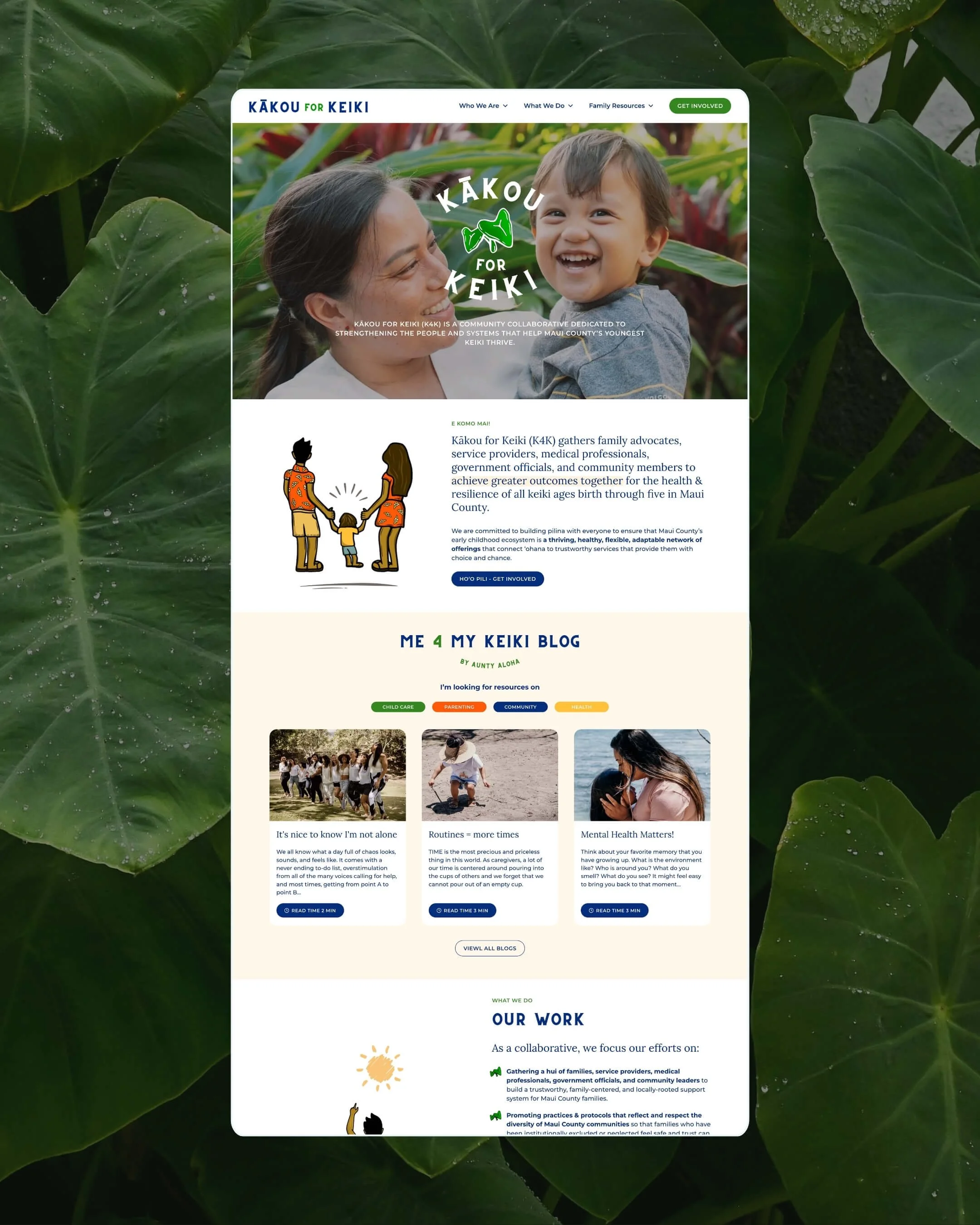 Homepage of Kakou for Keiki website showing a community-focused organization with a header image of a woman holding a smiling child.
