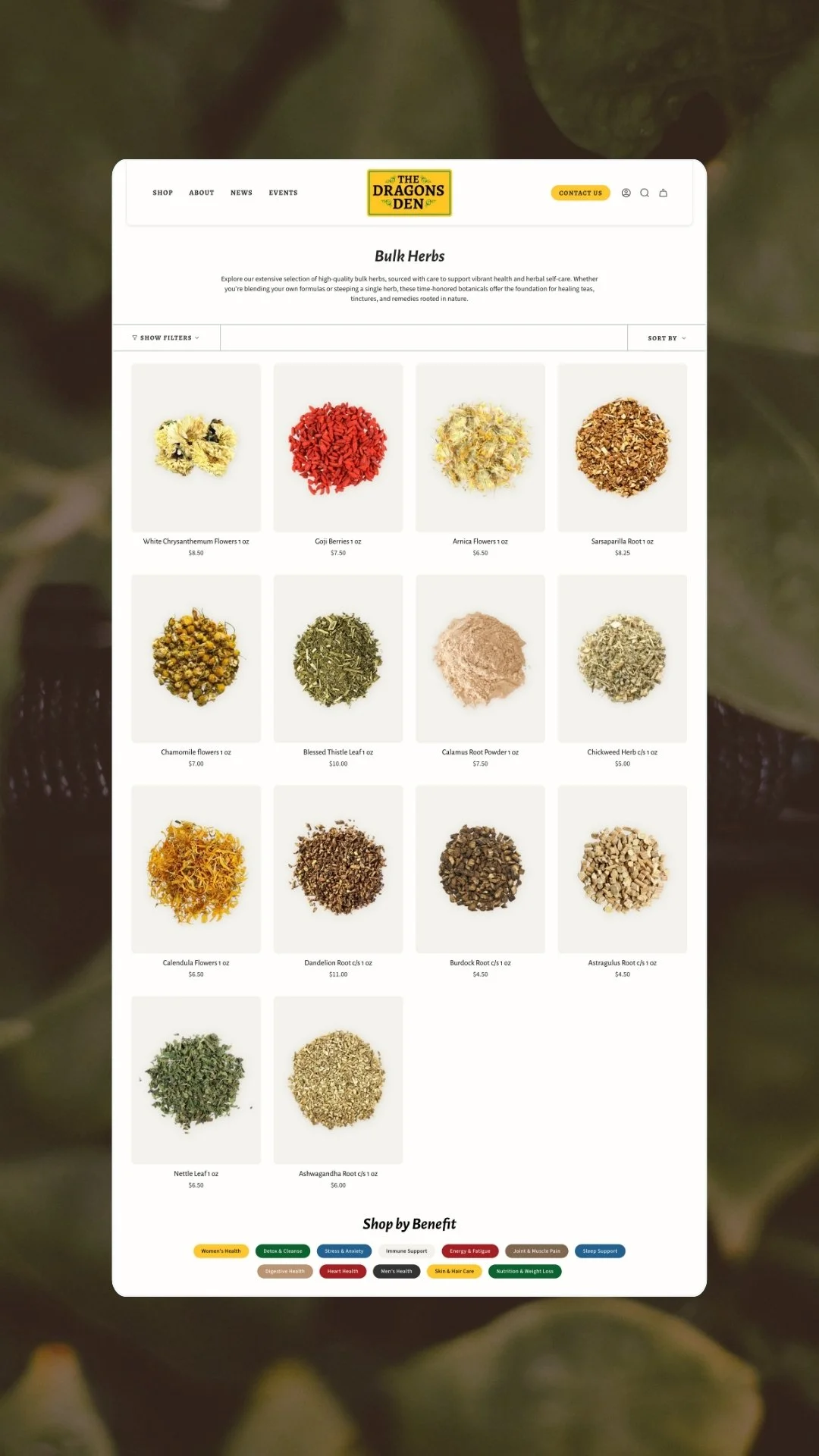 Screenshot of an online herbal store webpage displaying various bulk herbs such as white chrysanthemum flowers, goji berries, Arnica flowers, sarsaparilla root, chamomile flowers, blessed thistle leaf, calamus root powder, chickweed herb, calendula flowers, dandelion root, burdock root, astragalus root, nettle leaf, and ashwagandha root.
