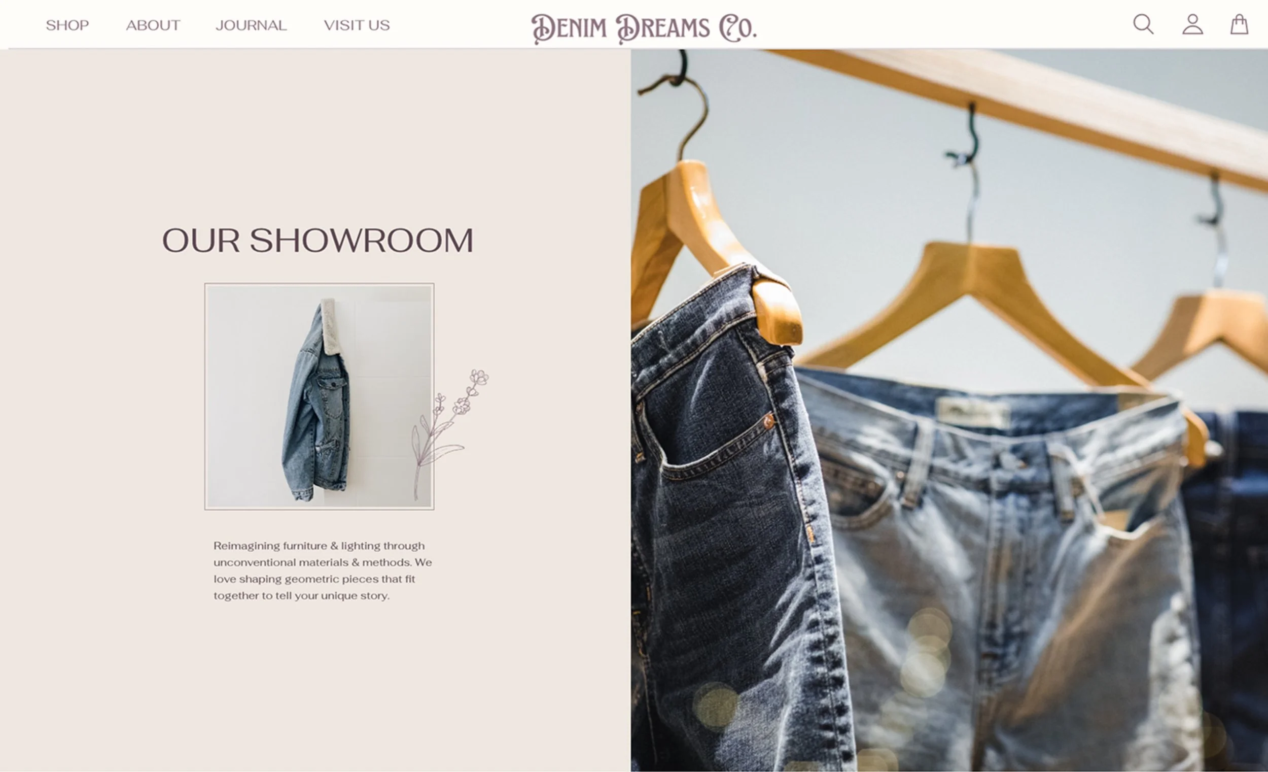 A website homepage of an apparel website called Denim Dreams Co., featuring a focus on denim clothing, with a section titled "Our Showroom" showing denim jackets and jeans hanging on wooden hangers in a retail setting.