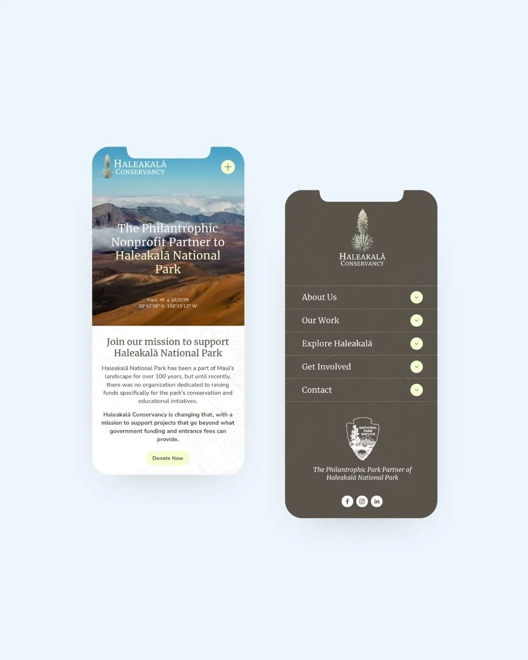 Side-by-side mobile screens of a conservation organization. The left shows a webpage with a mountain landscape, organization name, and text about supporting Haleakalā National Park with a donation button. The right shows a menu with sections about the organization, their work, exploration, involvement, and contact information, along with social media icons.