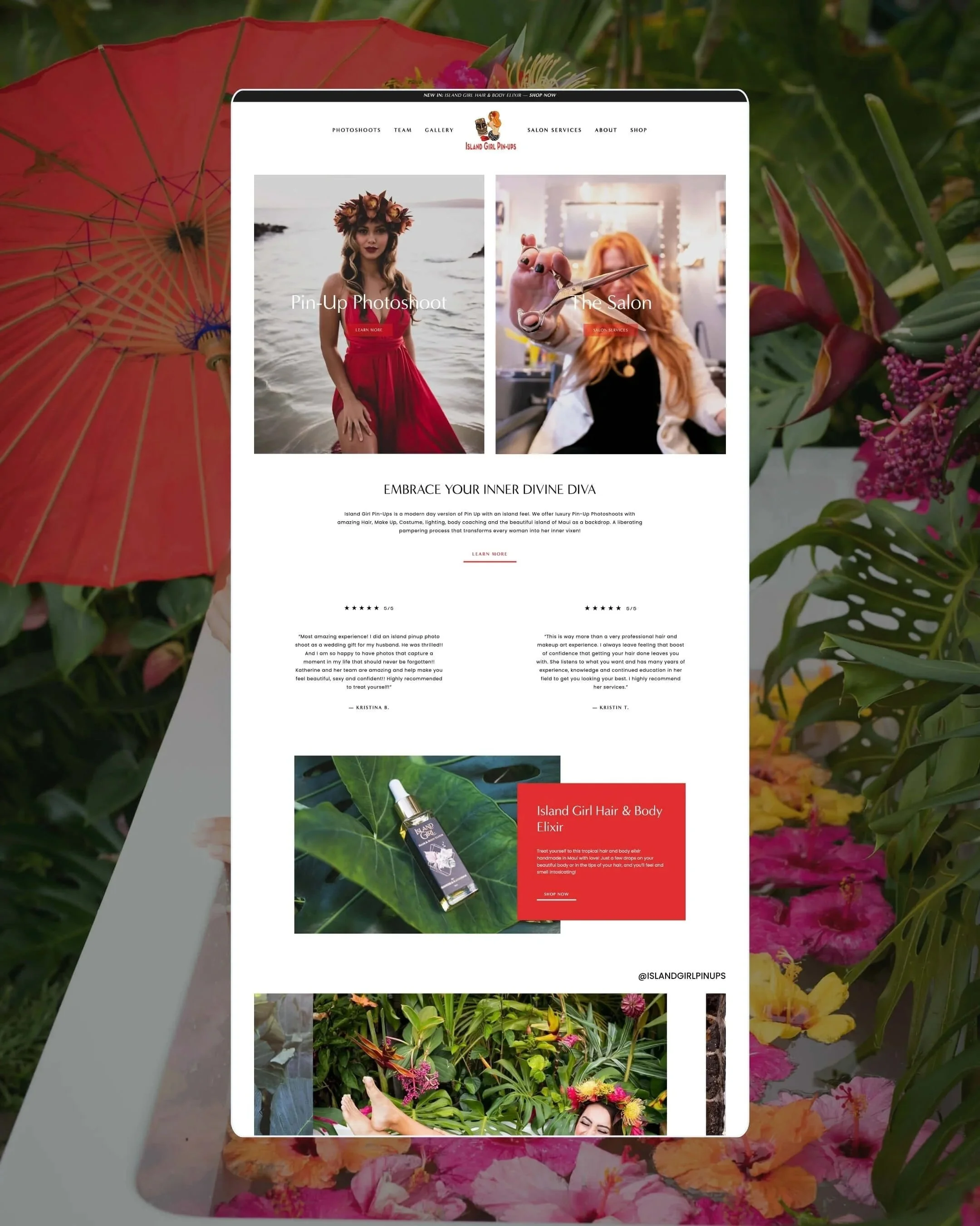 A website homepage for Island Girl Pin-Ups, featuring a woman in a red dress with a flower crown by the water, and another woman with red hair and scissors in her hair inside a salon, with text promoting pin-up photoshoots and salon services on a background of tropical flowers and greenery.