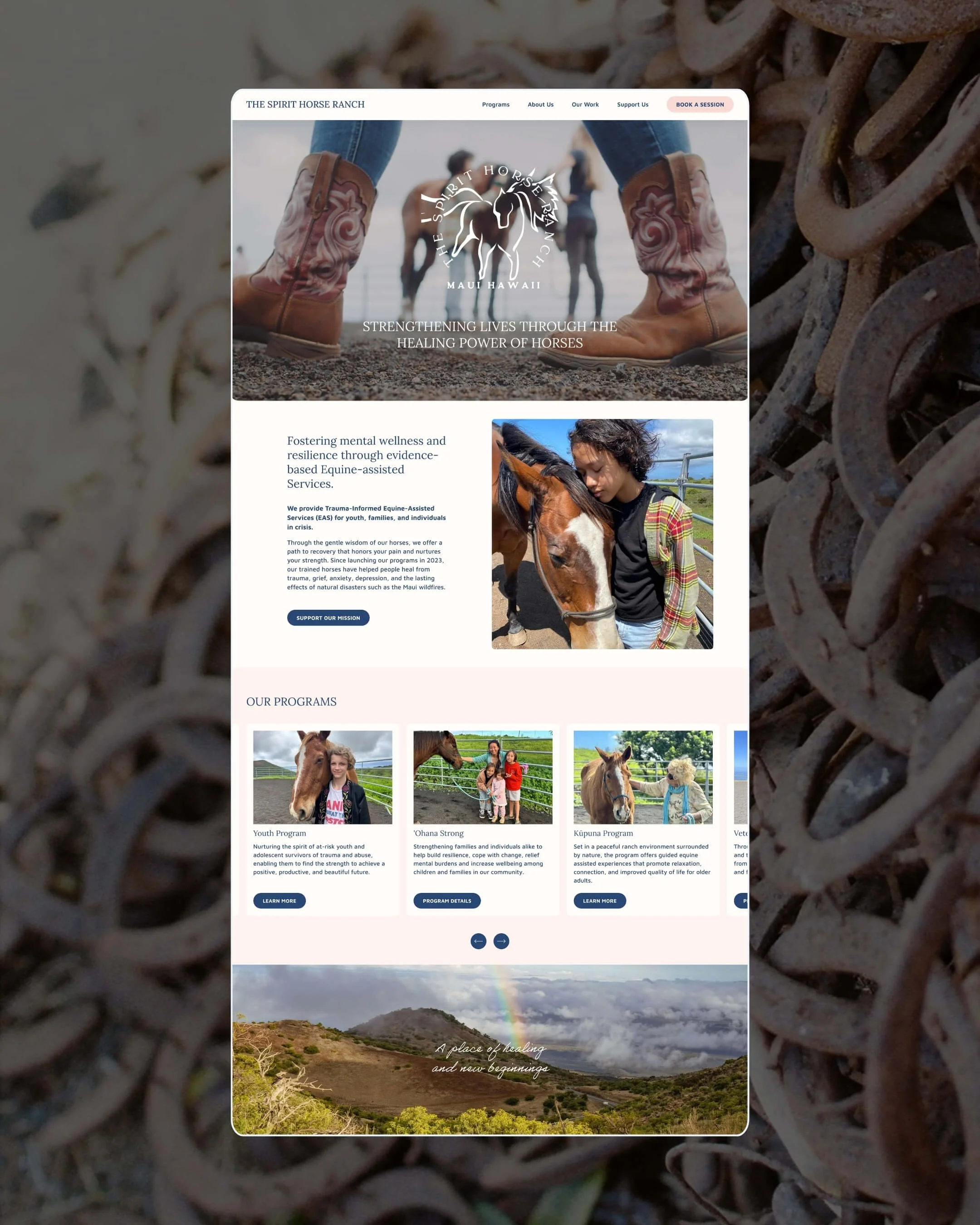 Website homepage for The Spirit Horse Ranch in Maui, Hawaii, featuring an image of cowboy boots and people on a beach, and sections about programs supporting trauma survivors and healing through horses.