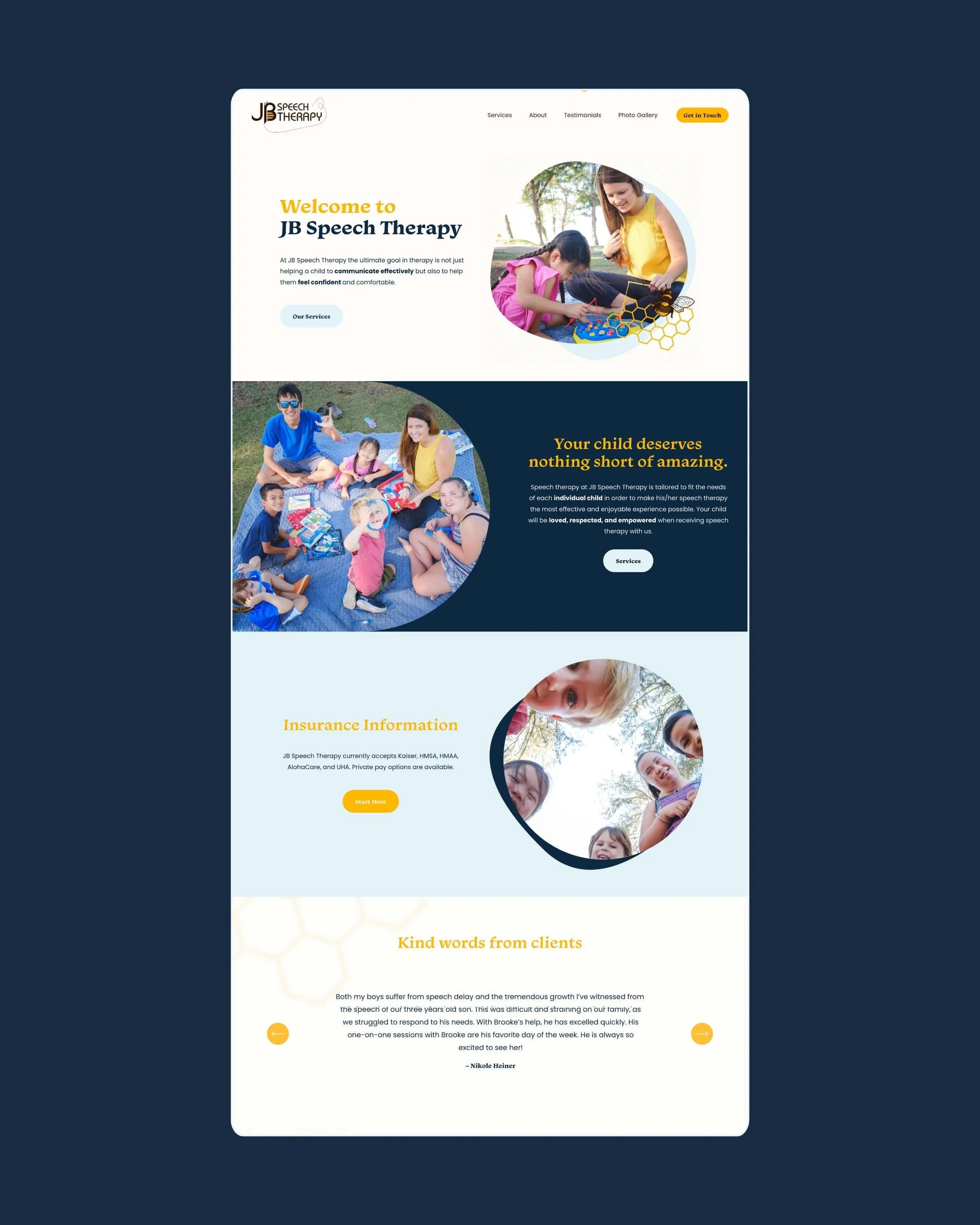 Screenshot of a website homepage for JB Speech Therapy featuring images of children and adults outdoors, with sections about therapy services and client testimonials.