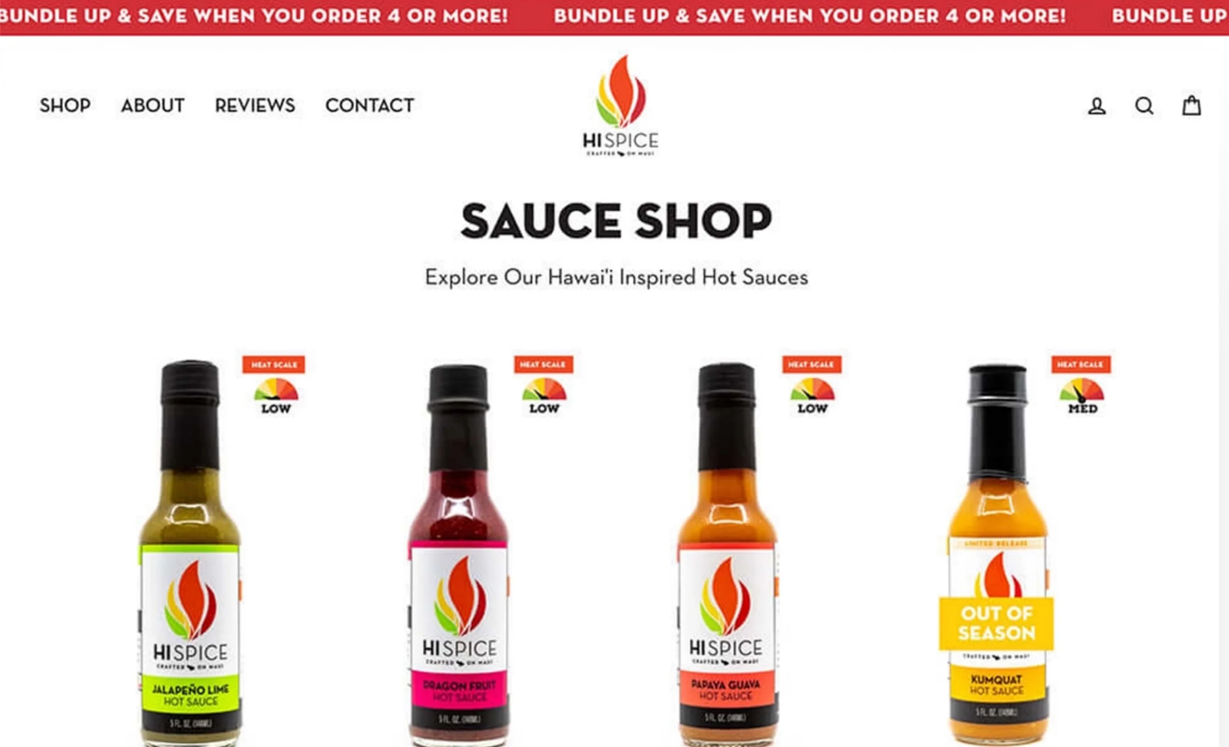 A website displaying a variety of Hawaii-inspired hot sauces, including Jalapeno Lime, Dragon Fruit, Papaya Guava, and Kumquat, with promotional banner at the top saying 'Bundle up & save when you order 4 or more!'.