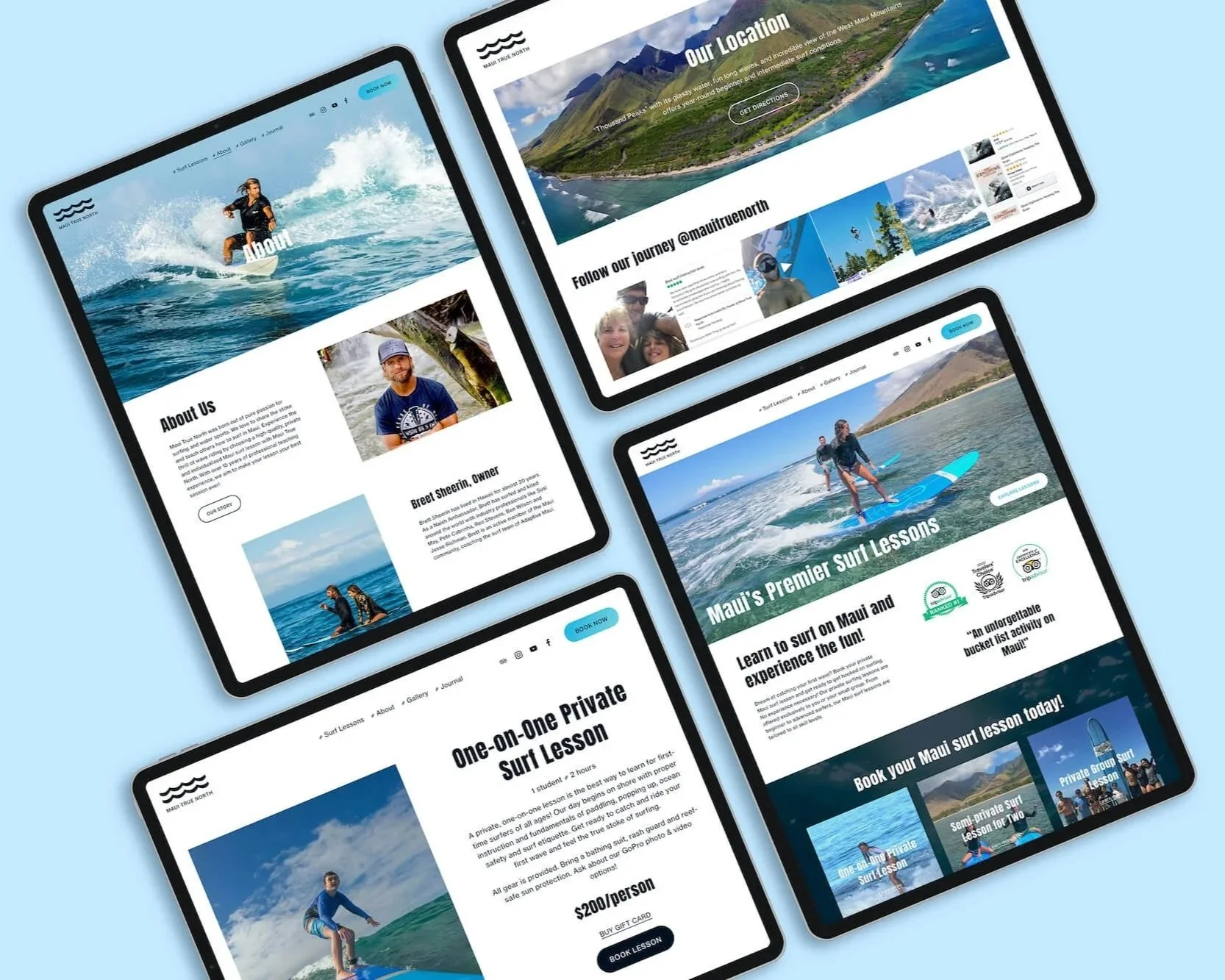 Multiple tablets displaying a website about Maui True North surfing lessons in Maui, with images of people surfing, scenic island views, and text about surf lessons and booking details.