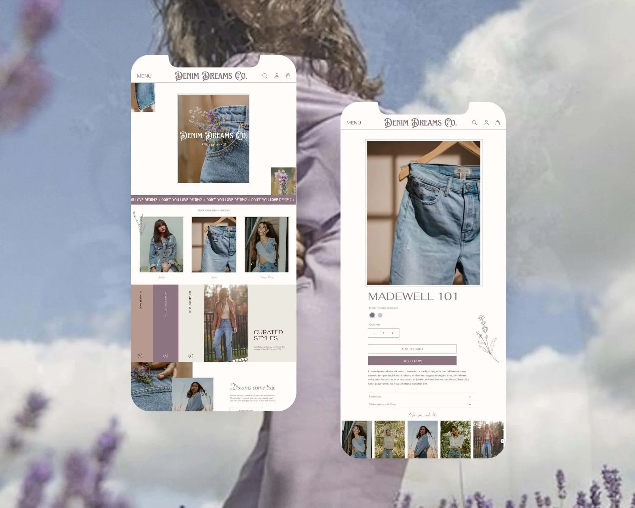 Screenshots of an online denim clothing store website showcasing denim jeans, with a background of blurred lavender flowers and a blue sky.