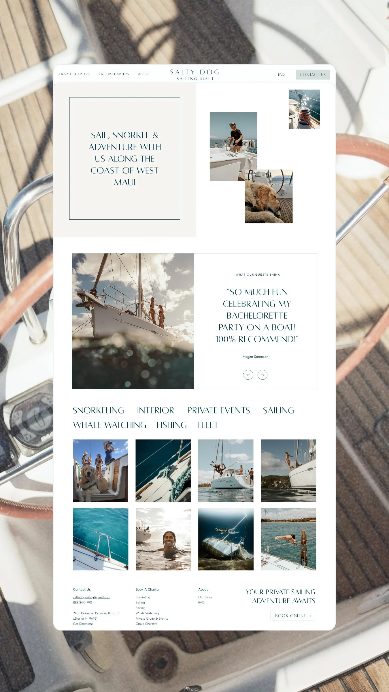 Web page for a sailing company named Salty Dog Sailing Maui featuring images of people on a boat, a dog, and sailing activities, with sections for private charters, group charters, and activities like snorkeling, whale watching, and fishing.
