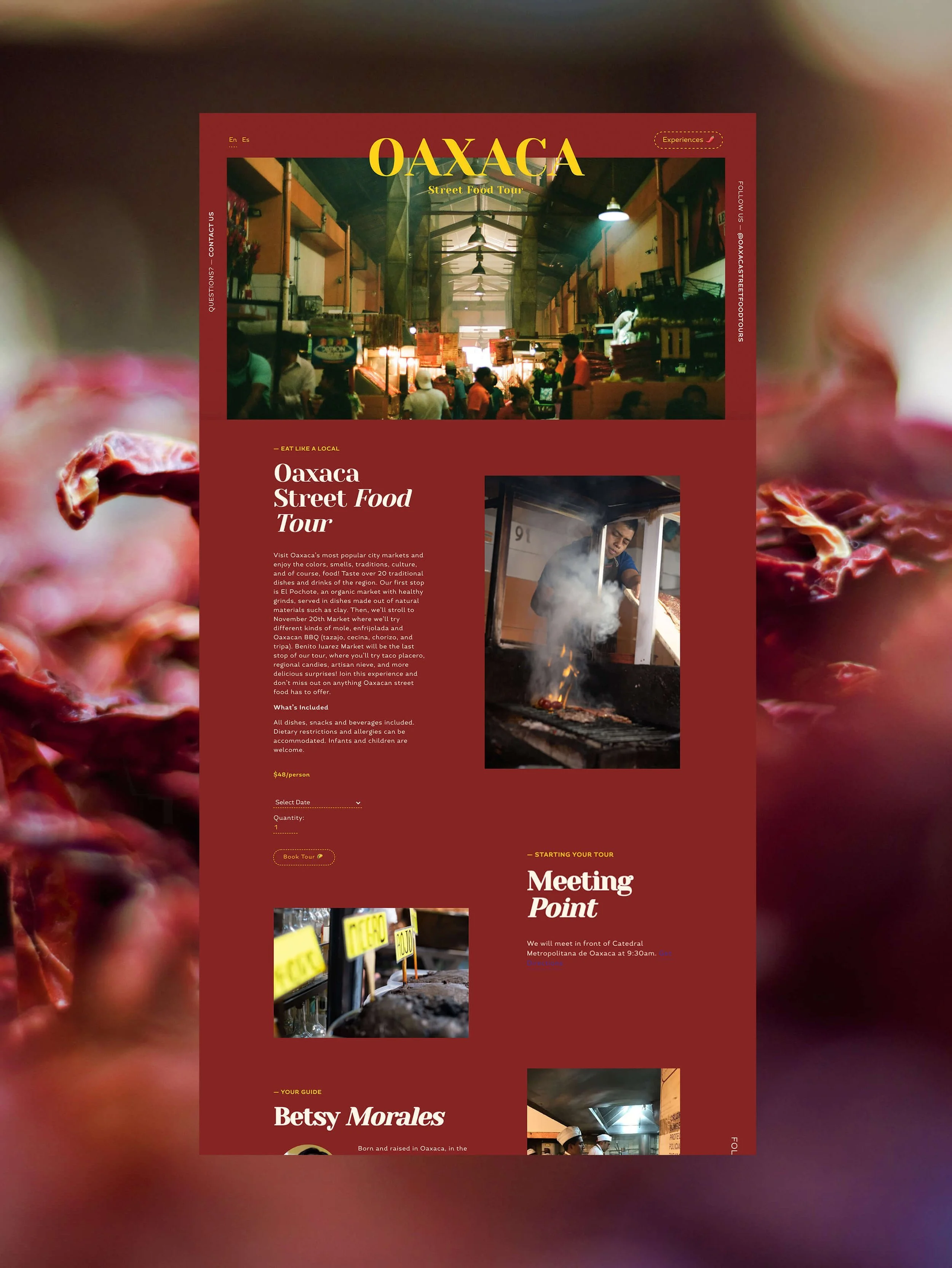 A promotional webpage for Oaxaca street food tour, featuring images of a market, food stalls, and people cooking and buying food in Oaxaca, Mexico.