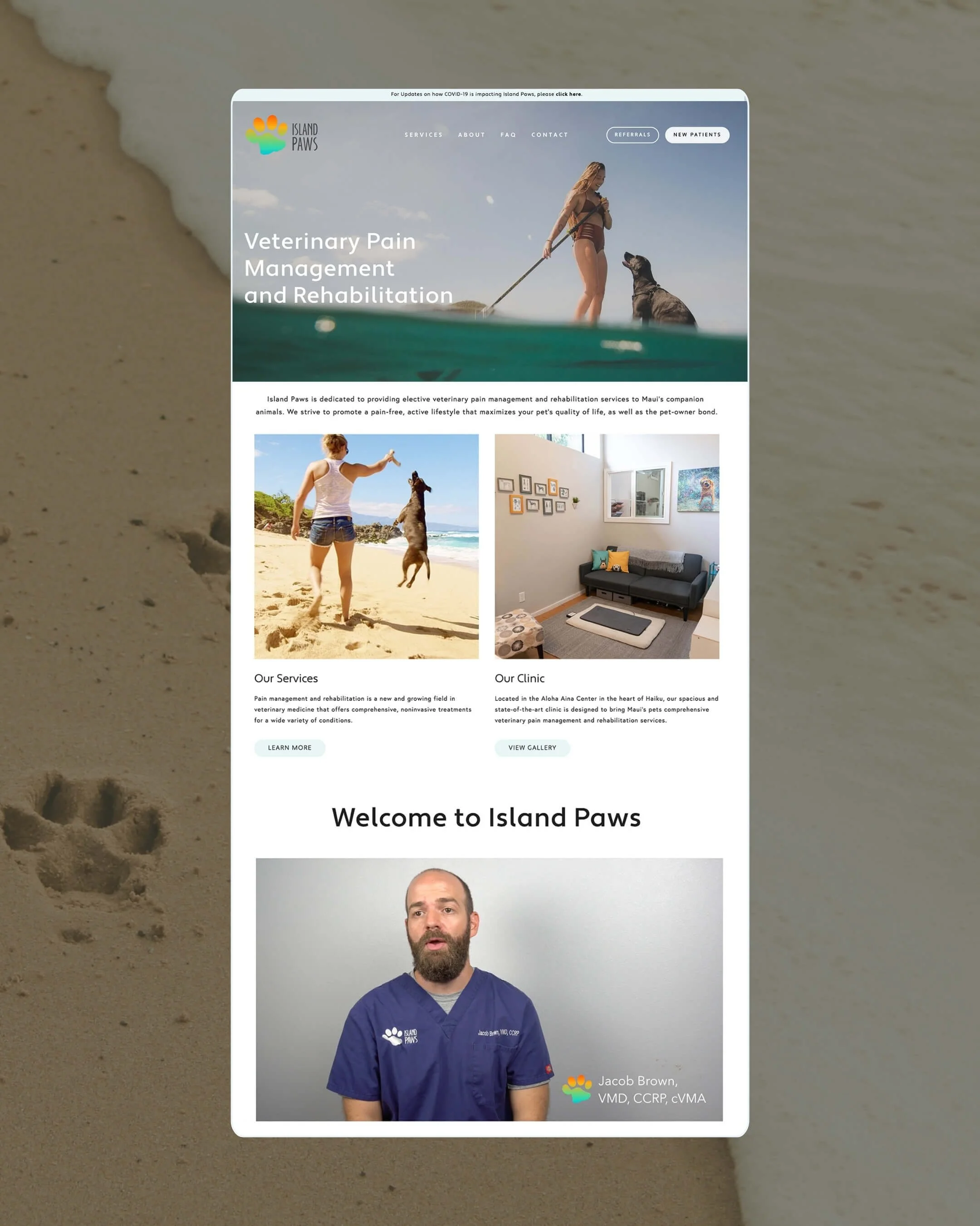 Screenshot of a veterinary clinic website for Island Paws, showing a woman with a dog on the beach, indoor decor with framed pictures, and a man in scrubs with a logo and titles.