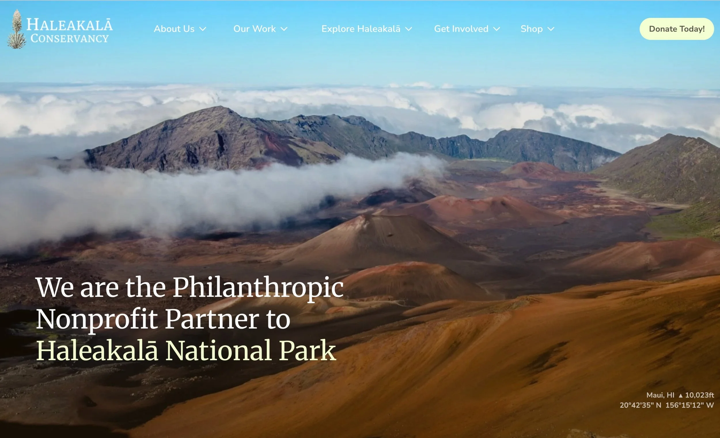 Haleakala Conservancy website thumbnail featuring scenic view of volcanic mountains with clouds surrounding them in Haleakalā National Park in Maui, Hawaii.
