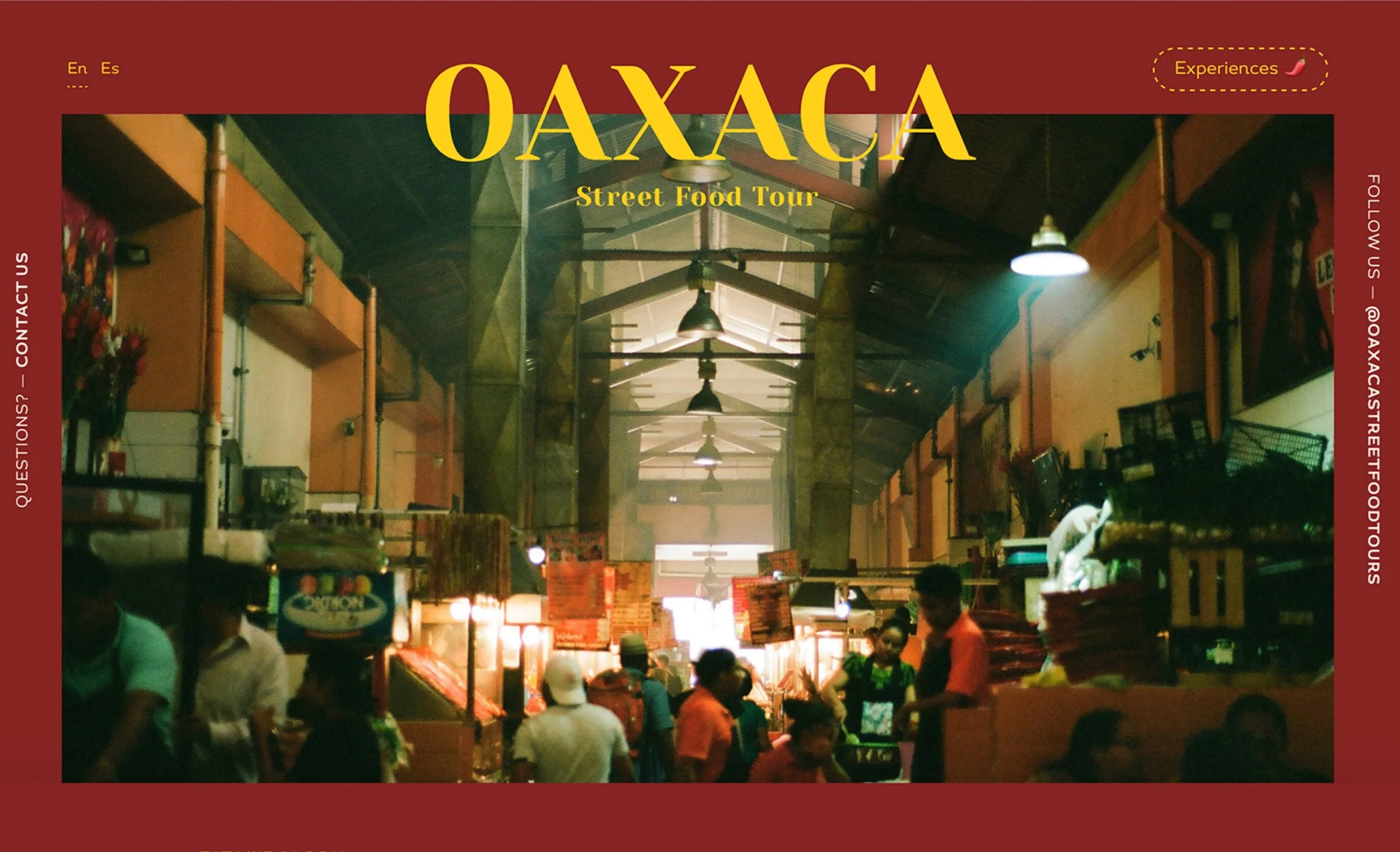 A website homepage thumbnail of Oaxaca Food Tours, showing an indoor marketplace or food market with people shopping and vendors selling in a covered area with hanging lights.